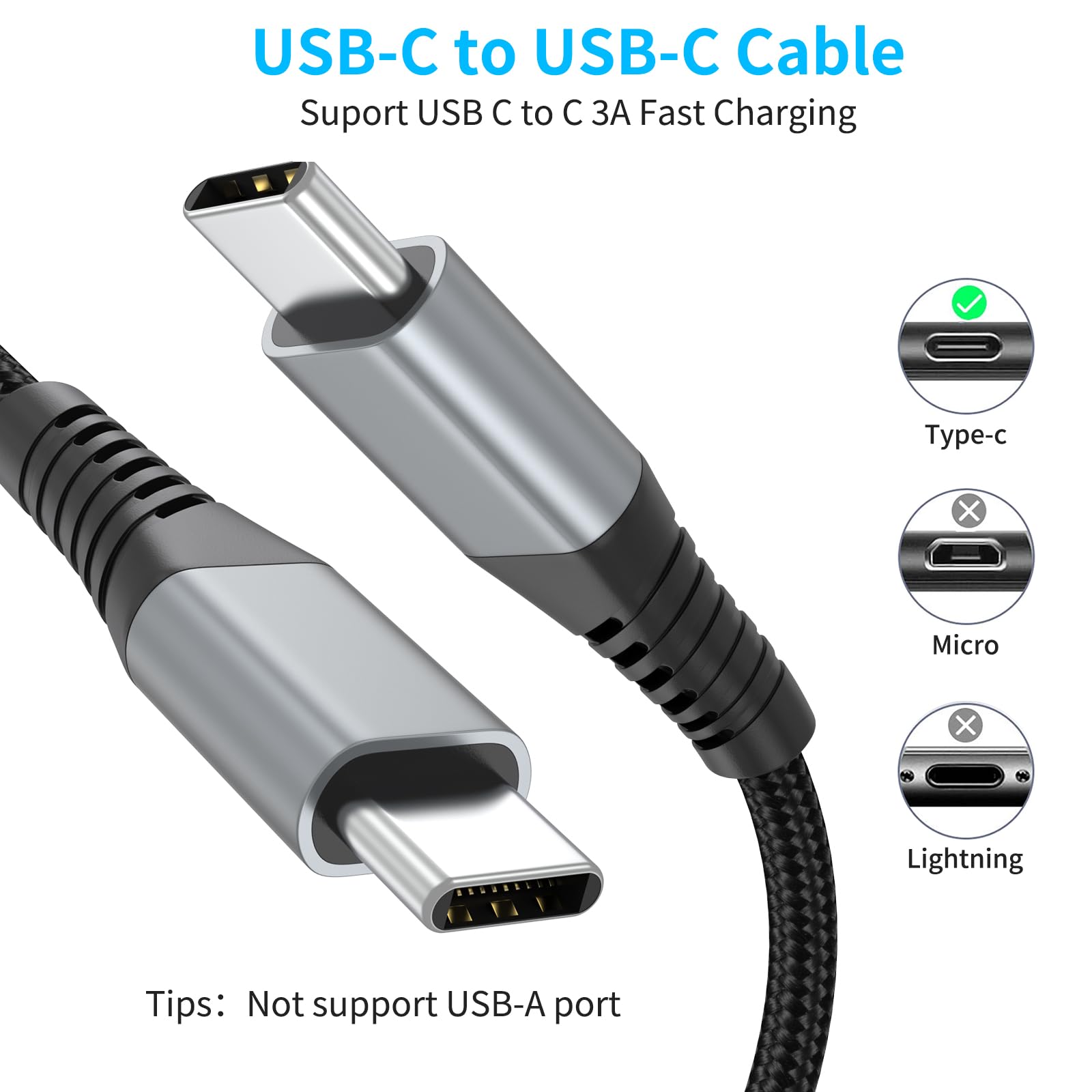 2Ft Usb C To Usb C Cable, 3 Pack Braided Usb C To C Charging Cord 60W/3A Type C To Type C Cable Fast Charging Car Charger For Ip