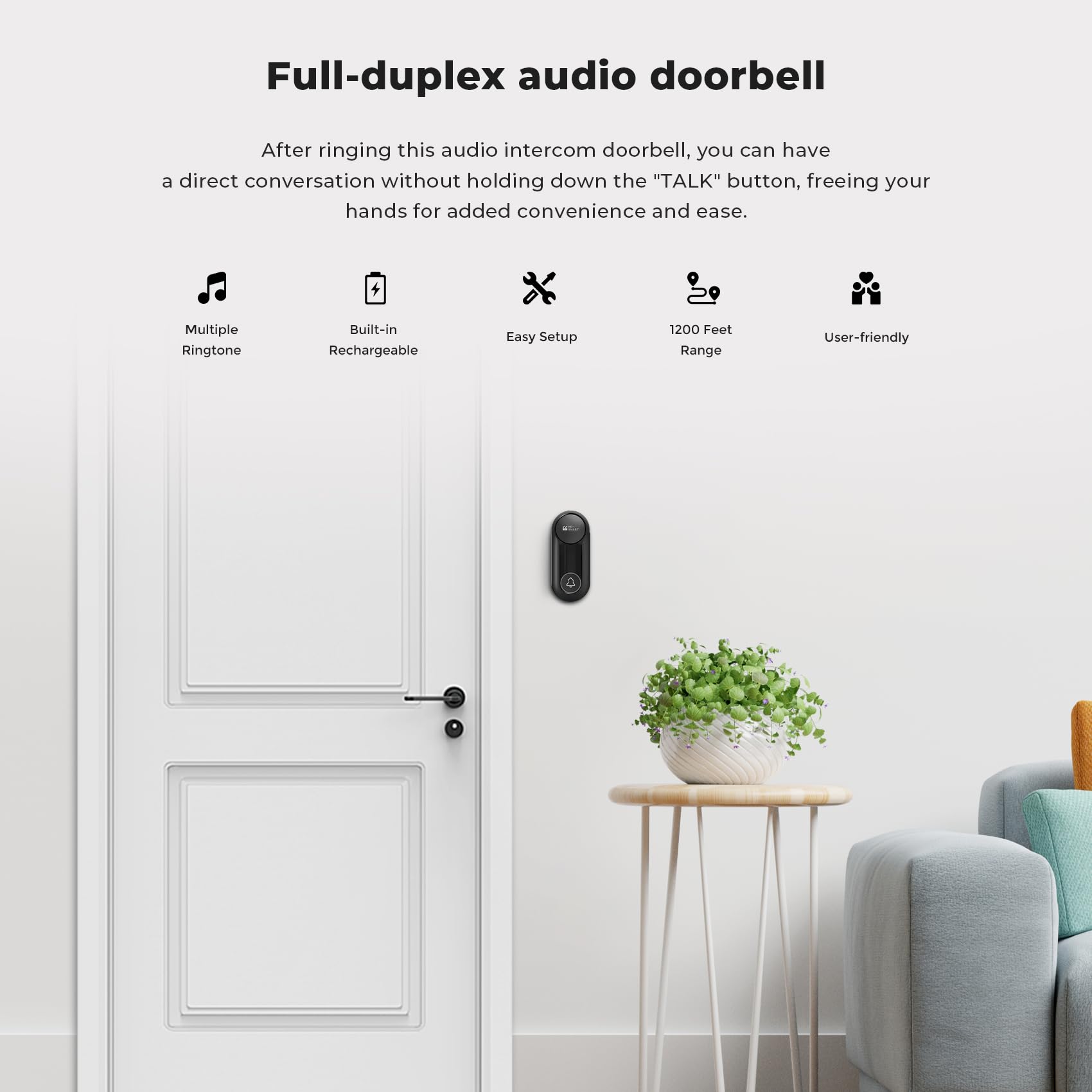 Wireless Doorbell, Hosmart Ultrabell Wireless Intercom Doorbell System, Battery Operated Doorbell, Full Duplex Audio Doorbell Waterproof With 8 Doorbell Chime 1200Ft Range For Home Business Elderly