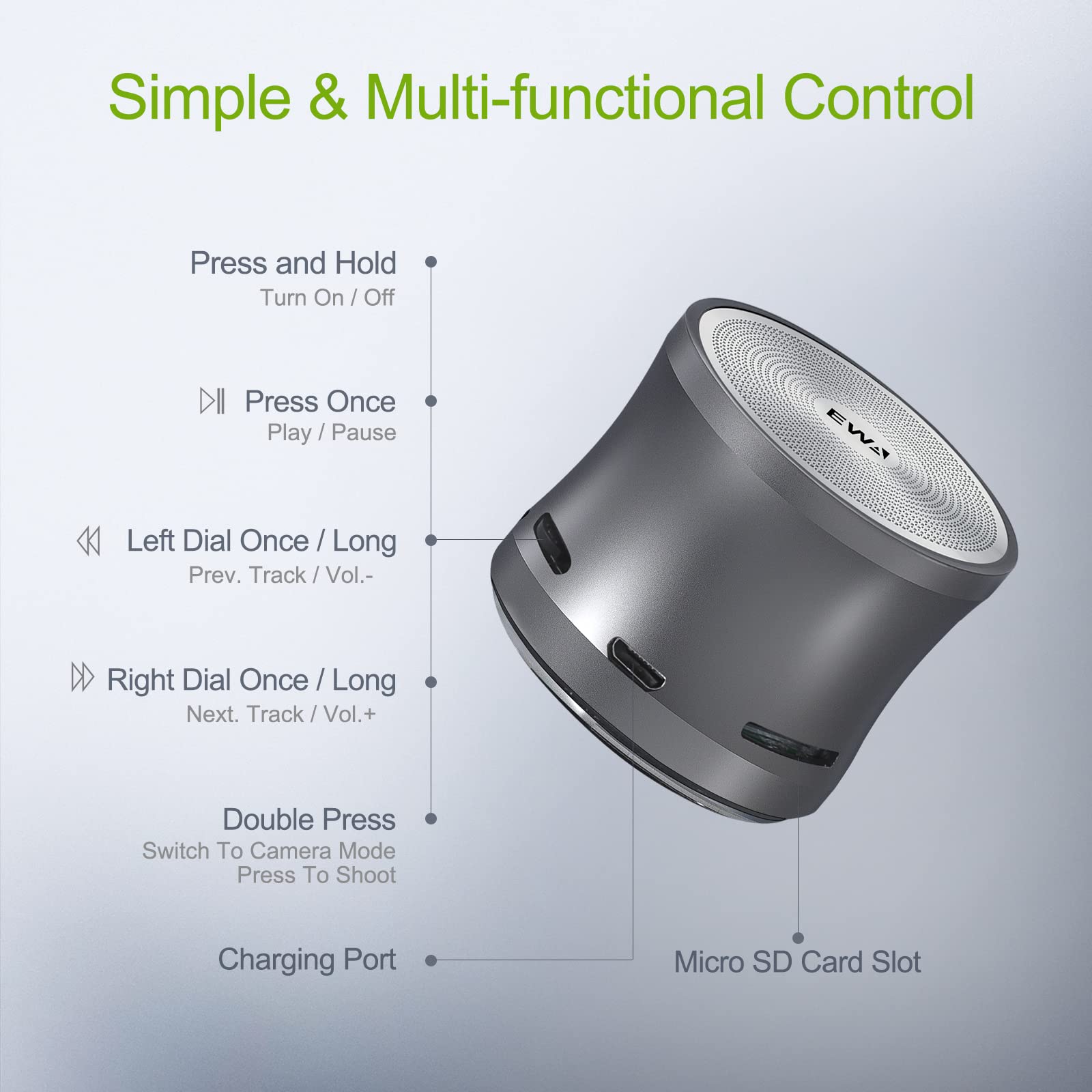 Ewa A109Mini Bluetooth Speaker With Bass Radiator,Enhanced Impactive Bass,Portable Loud Speaker,Perfect Travel Wireless Speaker For Home,Hiking And More (Gray)