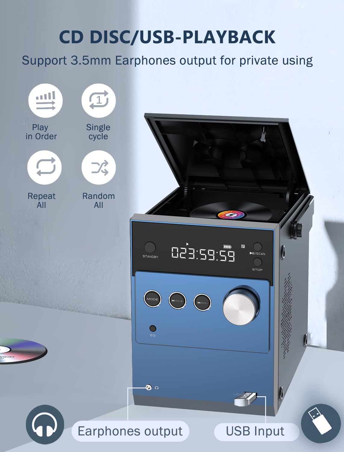 Lonpoo Portable Boombox Cd Player | 20W Compact Disc Players | Rechargeable Battery|Bluetooth 5.3/Fm Radio/Usb/Aux Input | Mic &