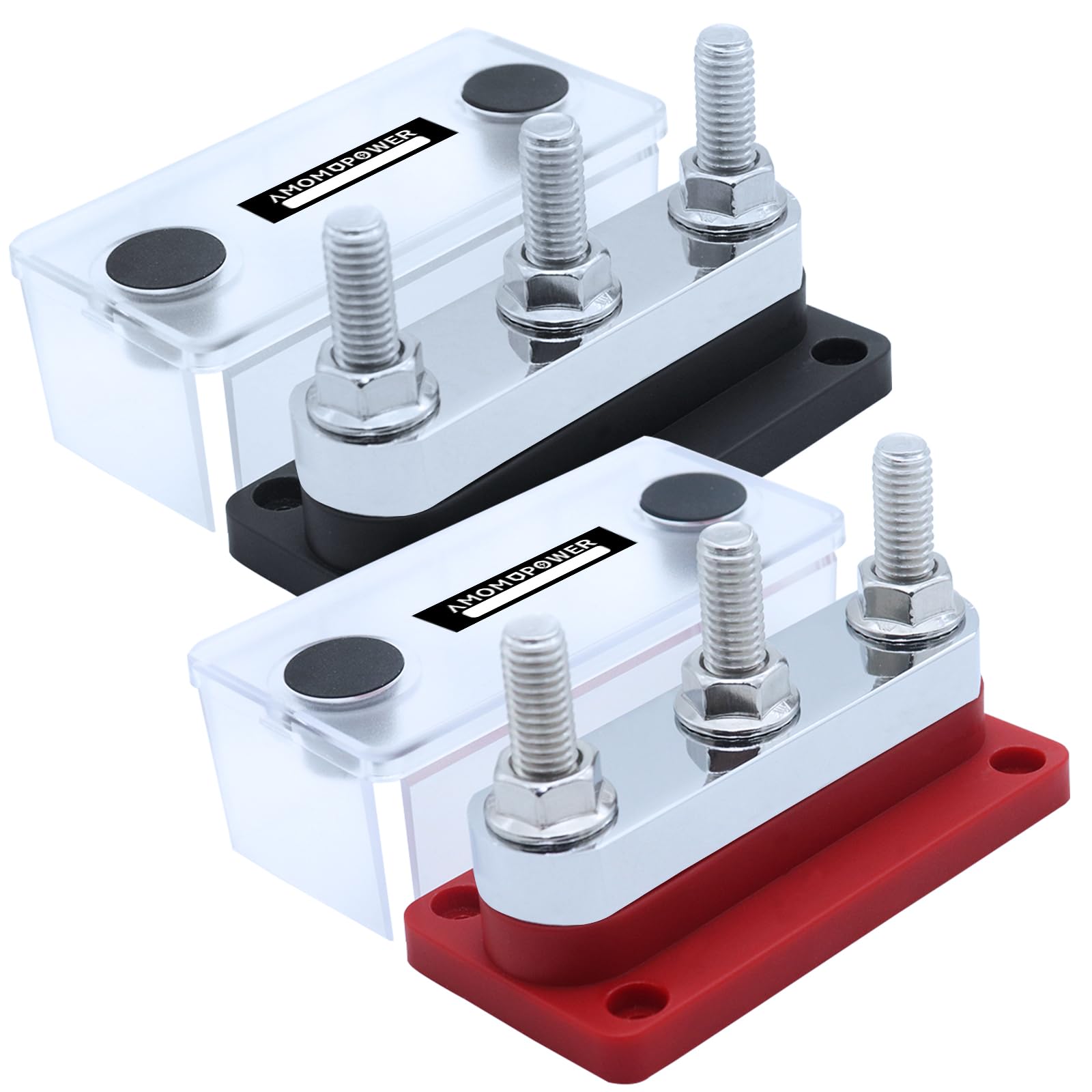 Amomd 2Pcs 600A Bus Bar 3 Stud (3/8 Inch) M10 High Current Nickel Plated Copper Distribution Block Busbar Negative Electrical Ba