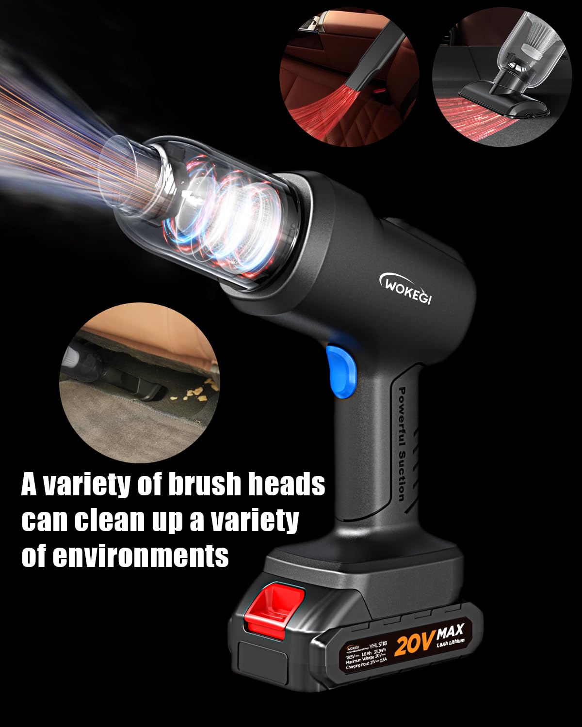 Wokegi 22000Pa High Power Cordless Car Vacuum,4 In 1 Handheld Vacuum Cleaner Wireless,Car Vacuum Cleaner With 180W Brushless Mot