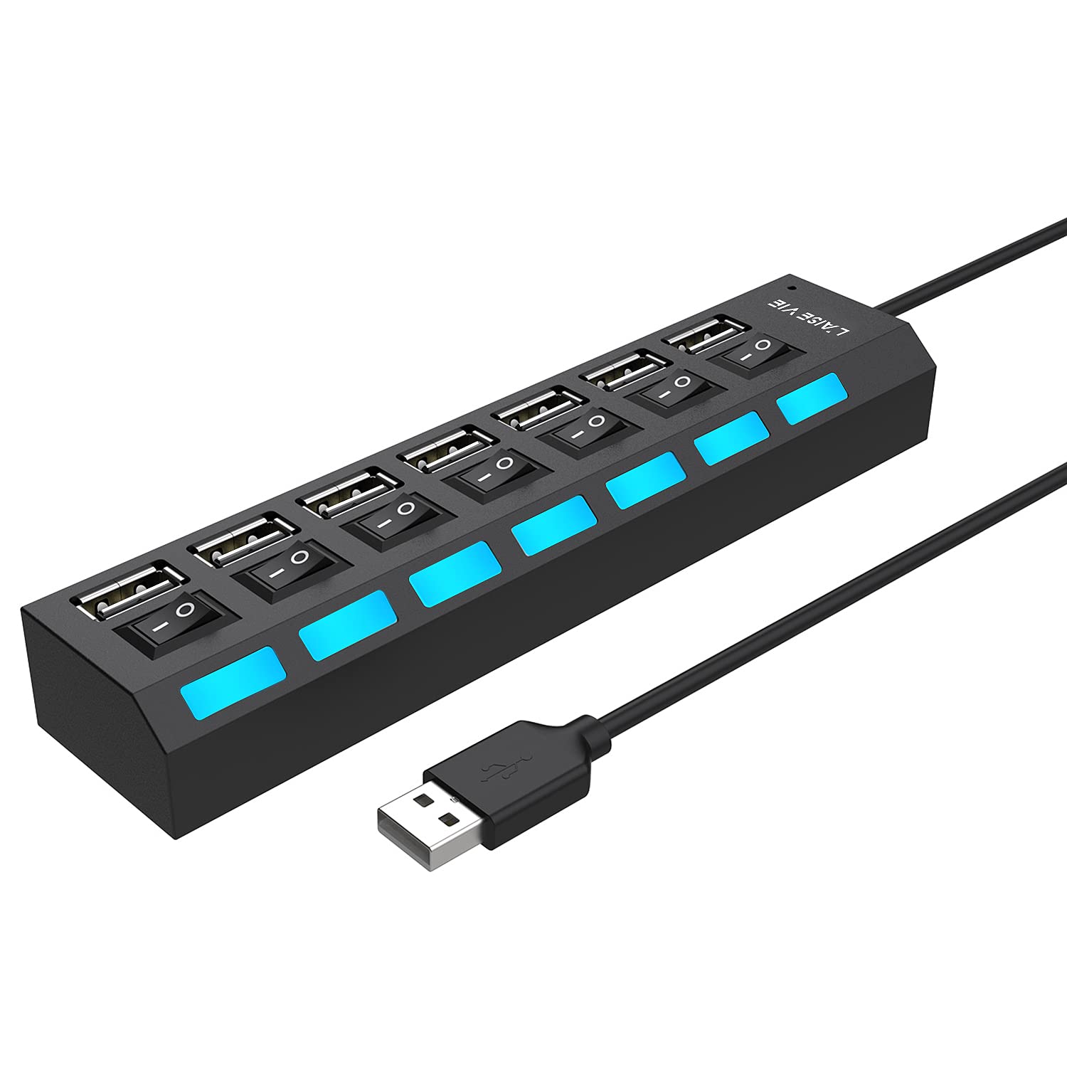 Multi Port Splitter, 7 Port Usb 2.0 Hub, Usb A Port Data Hub With Independent On/Off Switch And Led Indicators, Lights For Lapto