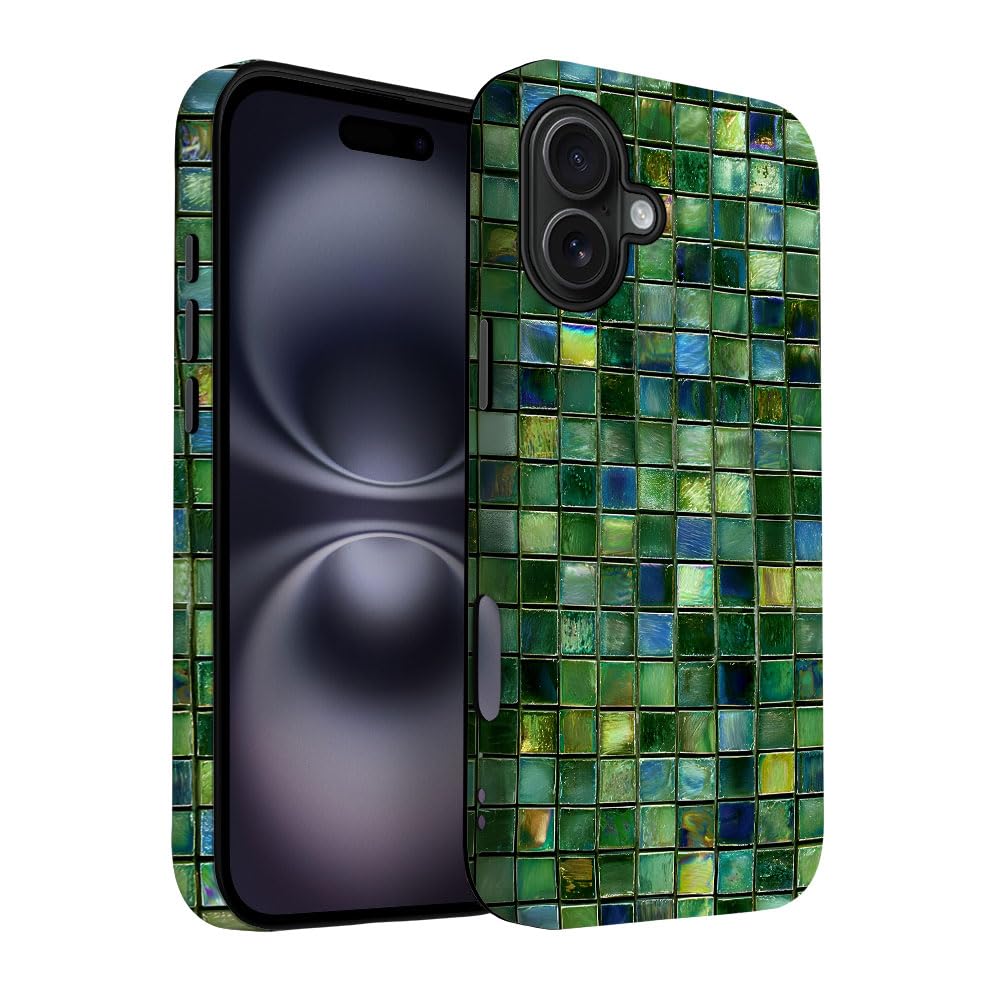 Yuzbira for iPhone 16 Plus Case | Green Mosaic Tiles | Slim Drop Protection Design