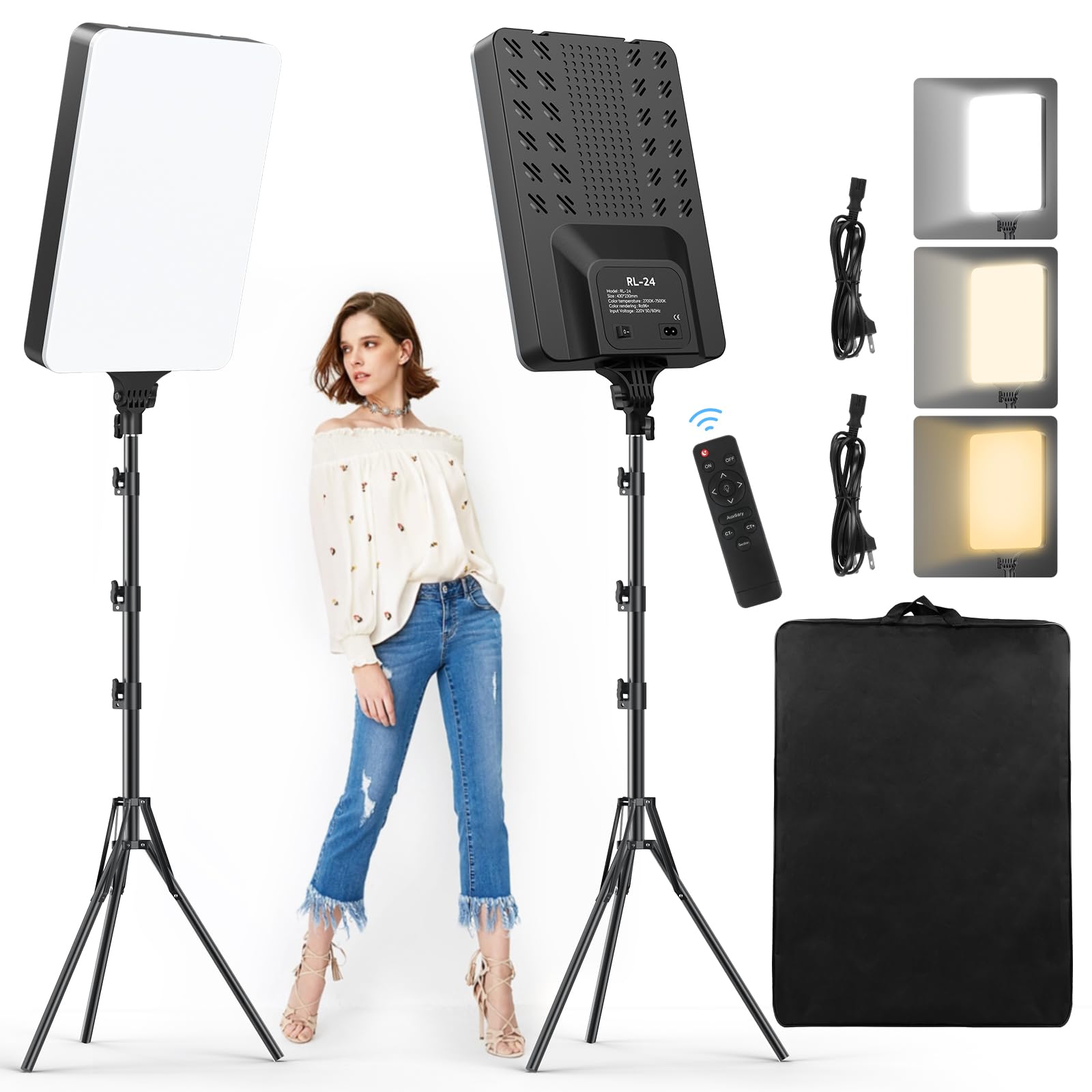 2 Pack 24'' Led Video Light Kit, Heorryn 2700 7500K Dimmable Photography Lighting With Remote And 75Inches Stand, Cri 96+ Studio
