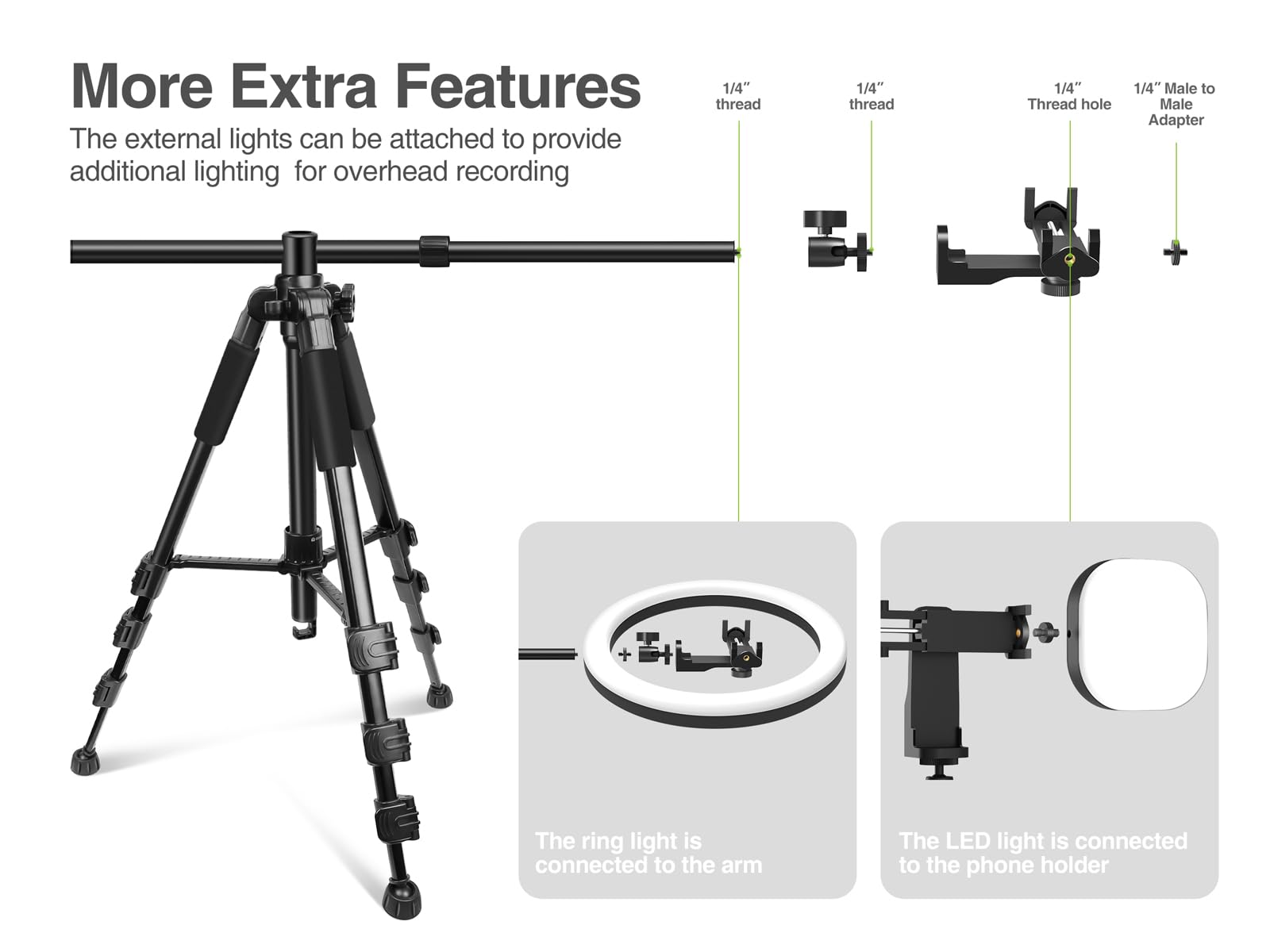 Elitehood Ultra-Stable Overhead Tripod For Iphone - Heavy Duty Aluminum Iphone Tripod Stand, 360Adjustable & 25In Horizontal Lon
