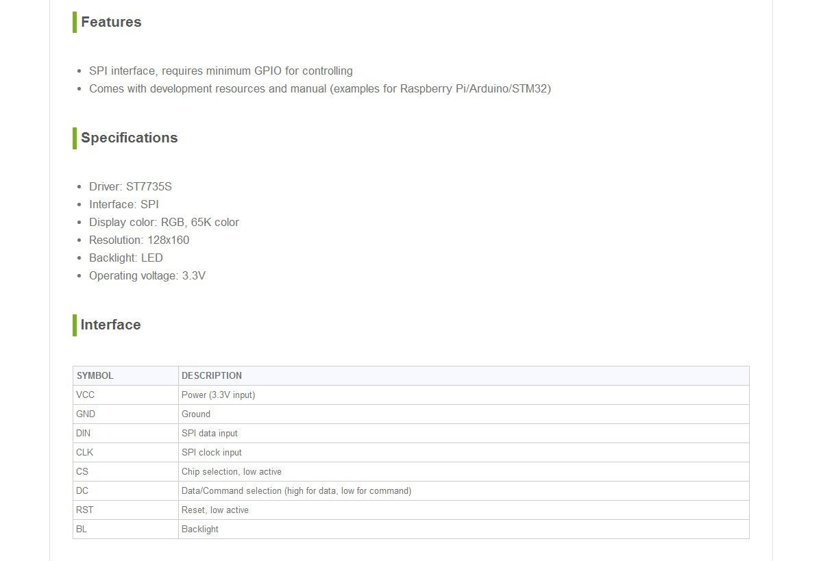 Waveshare 1.8 LCD Display Module 128x160 Pixels SPI Interface for Raspberry Pi, Jetson Nano, Arduino - 65K RGB Color
