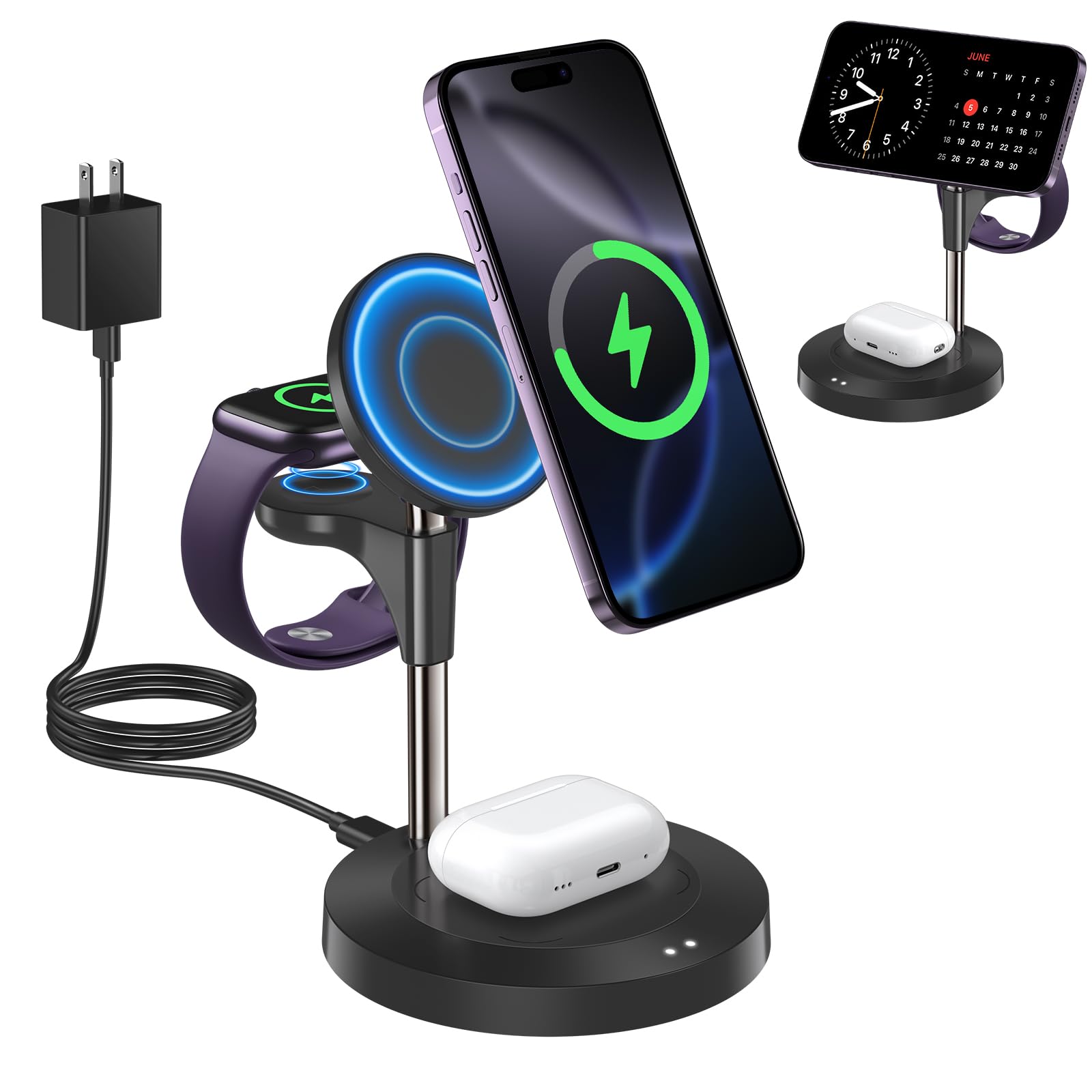 Aeinidi 3 in 1 Wireless Charging Station for Multiple Devices Apple, 15W Fast Magnetic Mag-Safe Charger Stand for iPhone 16 15 1