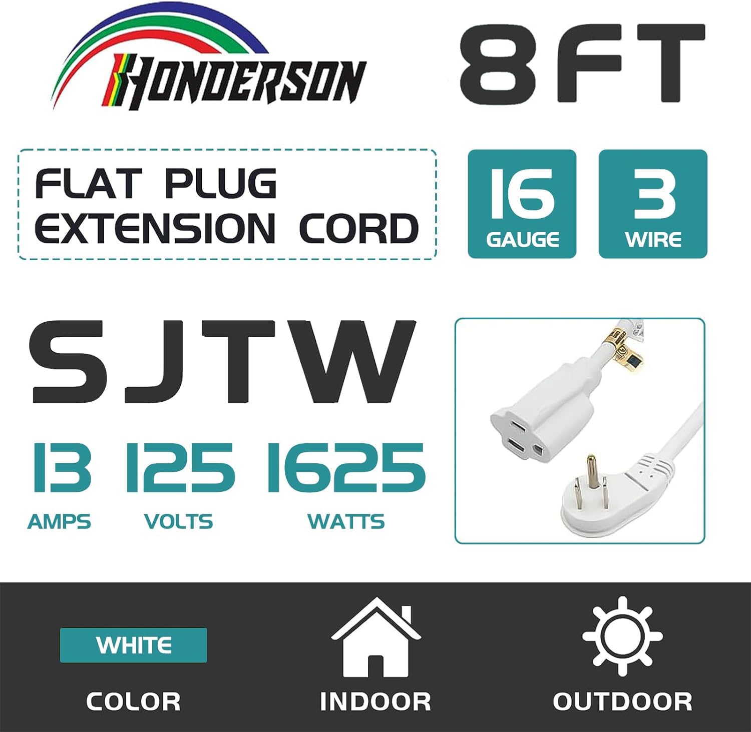 Honderson Flat Plug Indoor Extension Cord, Ul Listed, 16 Gauge 8Ft White 3 Prong Heavy Duty Extension Cord, 16/3 Sjtw 13A Power