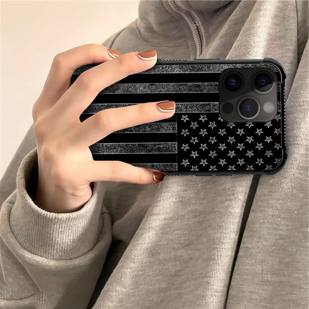 ZHEGAILIAN iPhone 14 Pro Phone Case Shock Protective Tempered Glass Back Black White American Flag TPU 6.1-inch
