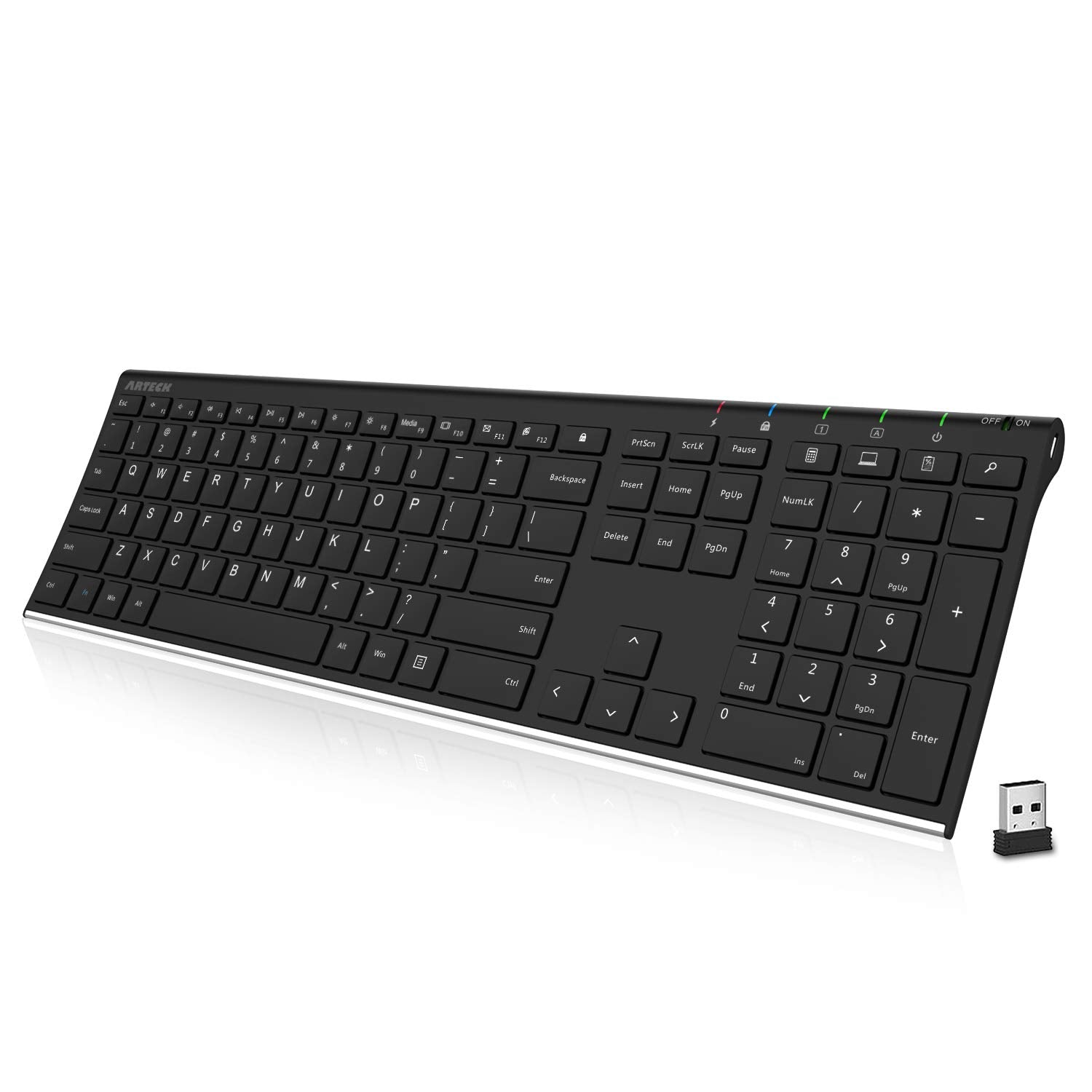 Arteck 2.4G Wireless Keyboard Stainless Steel Ultra Slim Full Size Keyboard With Numeric Keypad For Computer/Desktop/Pc/Laptop/S