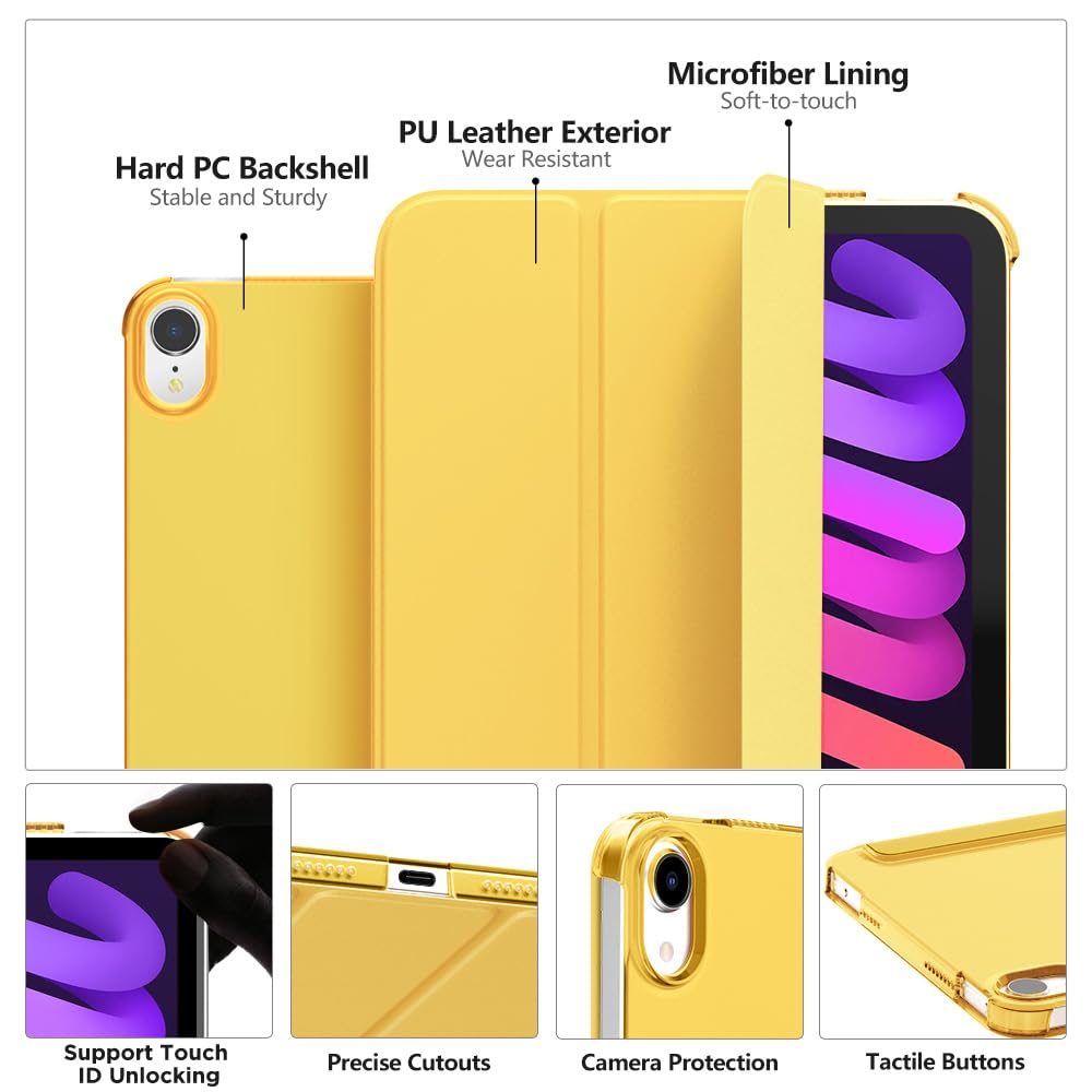MoKo for iPad Mini 7 (A17 Pro) Case 2024,iPad Mini 6 Case 2021,8.3 inch iPad Mini 7th/6th Generation Case,Slim Lightweight Hard Back Shell Stand Cover for iPad Mini 2024 with Touch ID, Mist Yellow