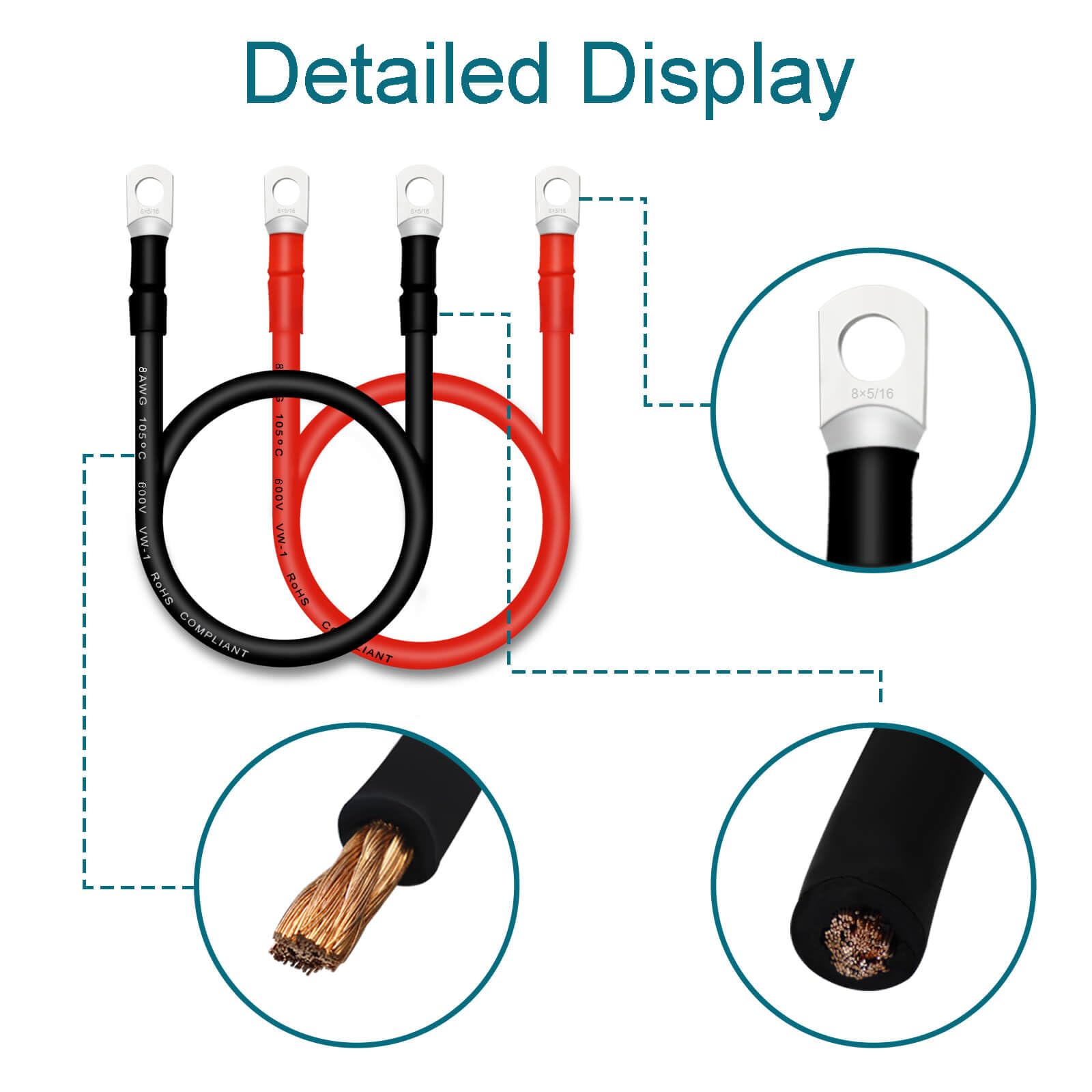Qiatol 8Awg Battery Cables With 5/16 Inch Copper Terminals(4Pcs 2Ft).
