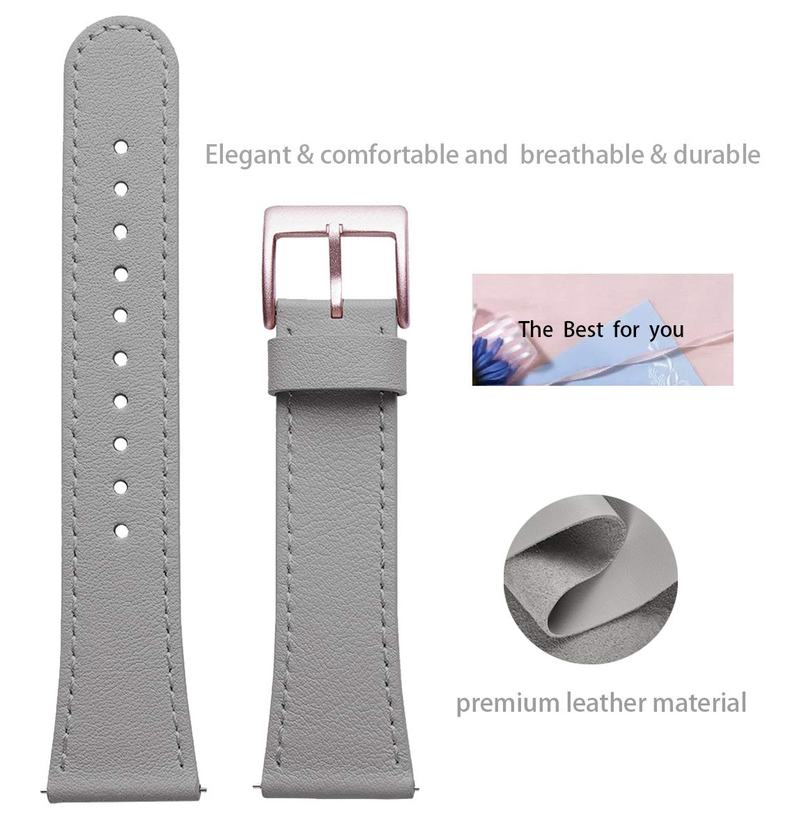 Wfeagl For Fitbit Versa Band, Top Grain Leather Band Replacement Strap For Fitbit Versa Fitness Smart Watch (Gray Band+Rrosegold