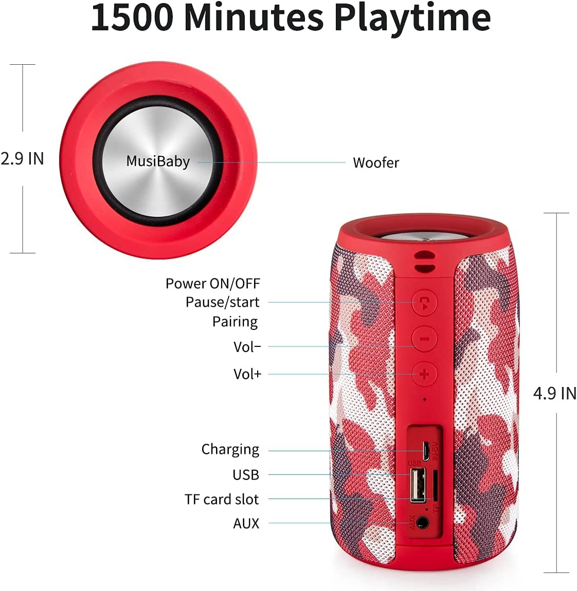 Bluetooth Speaker,Musibaby Speaker,Wireless,Waterproof,Outdoor,Portable Speaker,Dual Pairing,Loud Stereo,Booming Bass,24H Playtime Wireless Speaker For Home,Iphone,Party,Gifts(Camo Red)