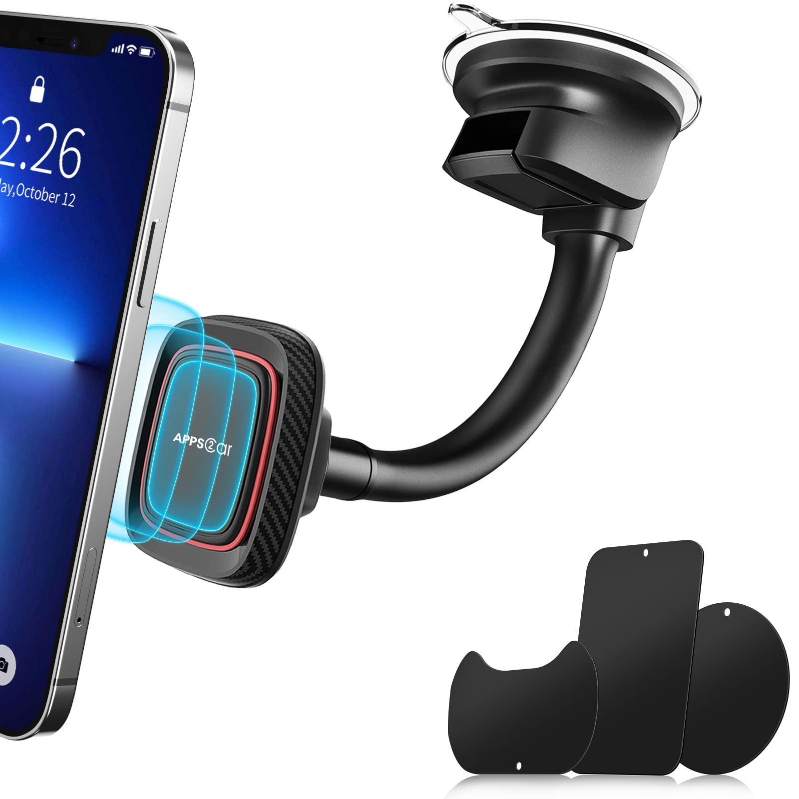 Apps2Car Magnetic Car Phone Holder Mount [6 Strong Magnets], Cell Phone Holder Car [Suction Cup], Phone Car Holder Mount [Windshield Dashboard] Fit For Most Smartphones & Mini Tablets