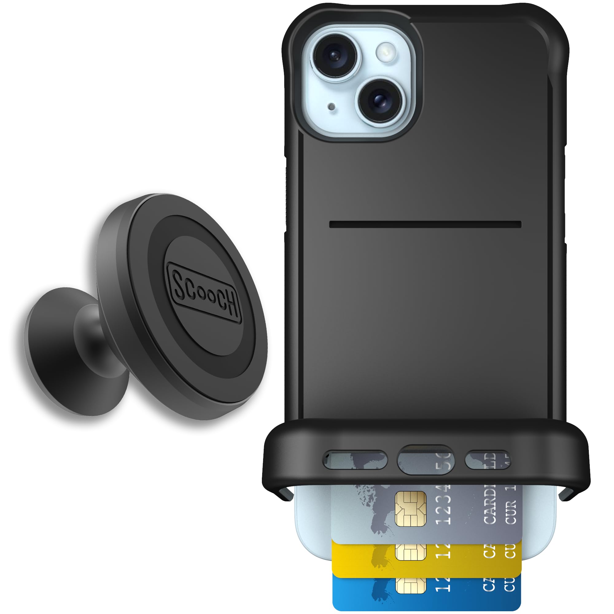 Scooch for iPhone 15 Plus/14 Plus Case with Card Holder, Wingmate Wallet Case Black, Bundled with Wingmount Magnetic Car Mount