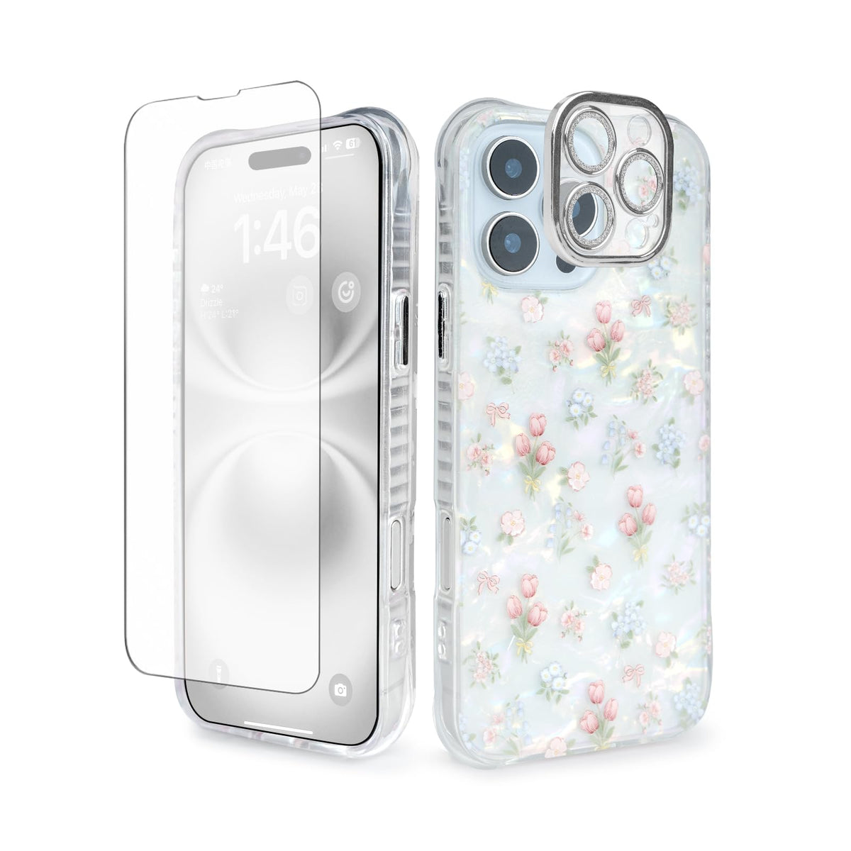 Cute Tulip Flowers Bow Shell Pattern For Iphone 11 Case, [3 In 1] With Screen Protector & Camera Lens Protector, Clear Soft Shoc