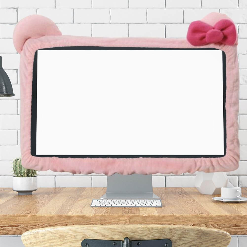 2 Pcs Computer Monitor Cover With Cat Ear Furry Pink Kawaii Elastic Monitor Dust Cover Dustproof Cover For Pc Tv Laptop Lcd Scre