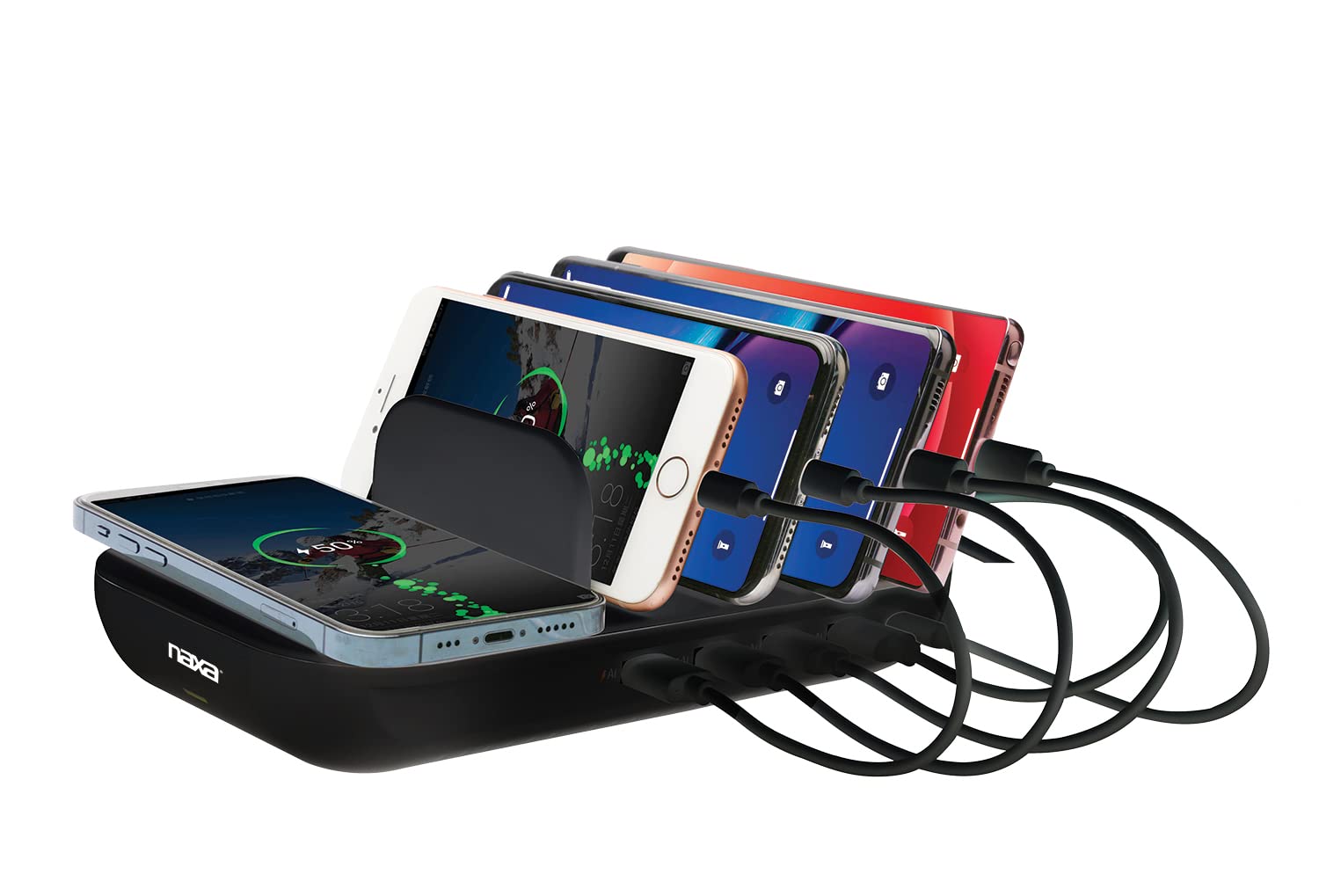 Naxa Electronics NAP-5002 6-in-1 Wireless Charging Station with Qi 10W Wireless, USB-A, and USB-C for Phones and Electronics, Bl