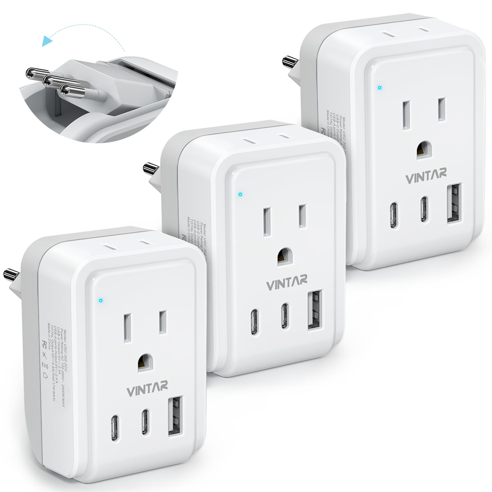 [3 Pack] Italy Travel Plug Adapter, Vintar 5 In 1 Foldable Italy Power Adapter With 17W 3 Usb Ports(2 Usb C) & 2 American Outlet