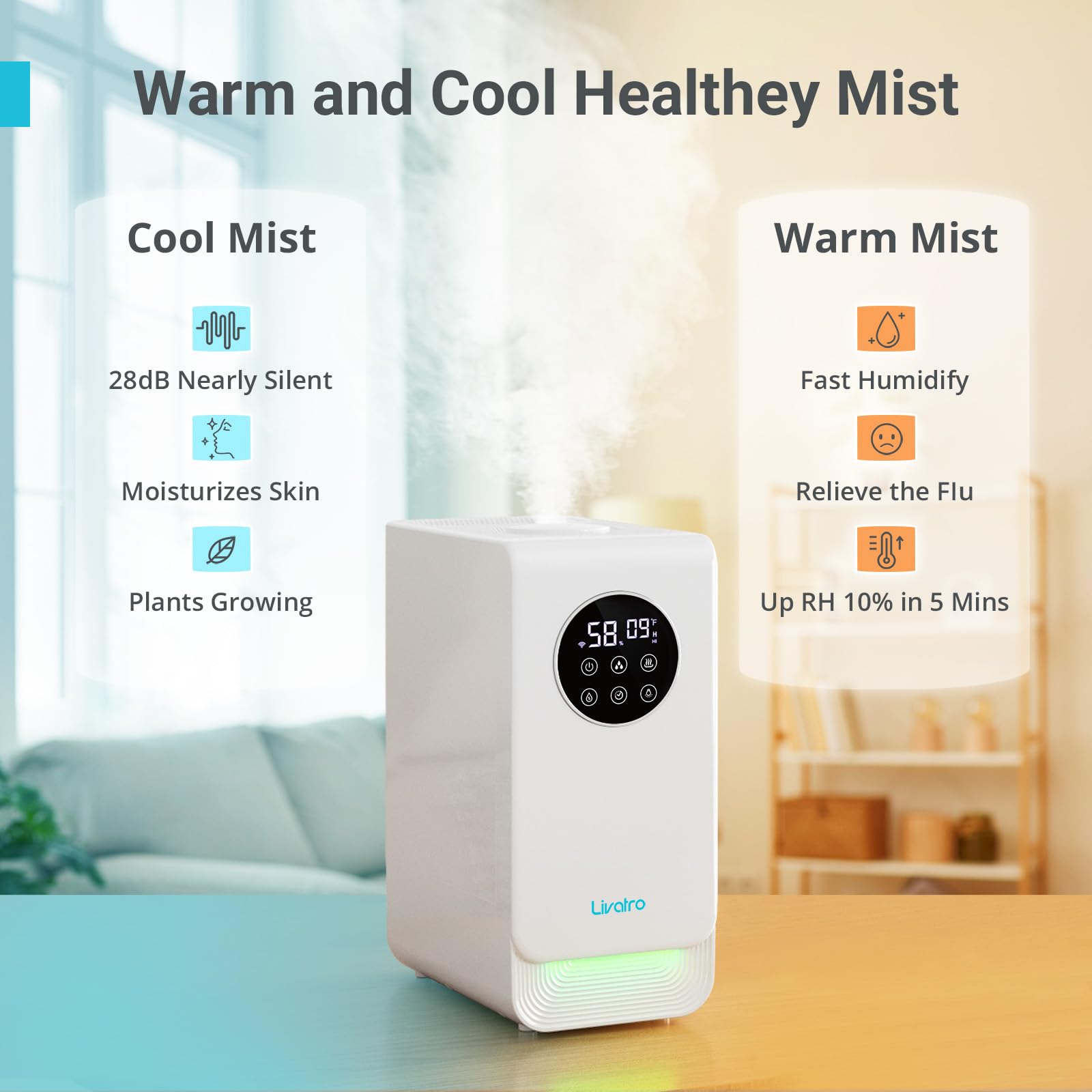 Livatro 6L Smart Humidifier For Large Room, Warm & Cool Mist With Top Fill Design, Alexa & App Control, Essential Oil Compatible