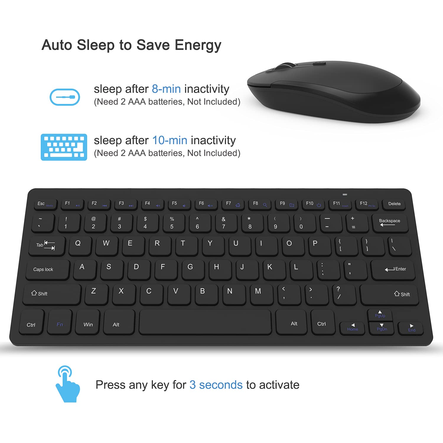 Compact Wireless Keyboard Mouse, 2.4Ghz Ultra Thin Small Wireless Keyboard Mouse Combo For Desktop, Laptop (Black)