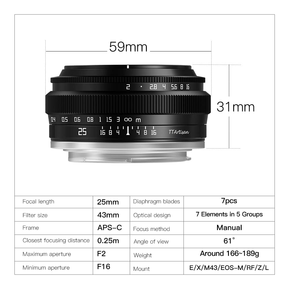 Ttartisan 25Mm F2 Wide Angle Aps C Camera Lens Large Aperture Manual Fixed Camera Lens Compatible With Fuji X Mount Cameras X A2 X A2 X A3 X A5 X A7 X H1 Xt1 X T2 X T3 X T20 X T30 X T100 X T200 X Pro1
