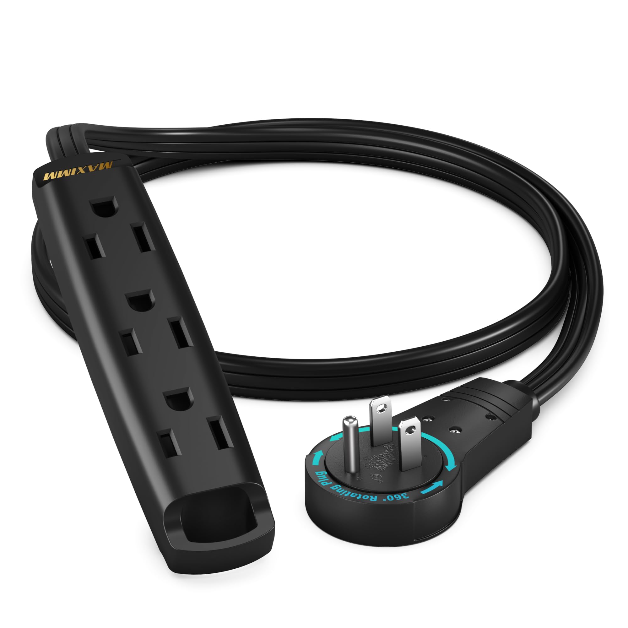 Maximm 360 Degree Rotating Flat Extension Cord 1 Ft Multi 3 Outlet Power Cord With Loop, Grounded 16 Awg Ul Certified, Black