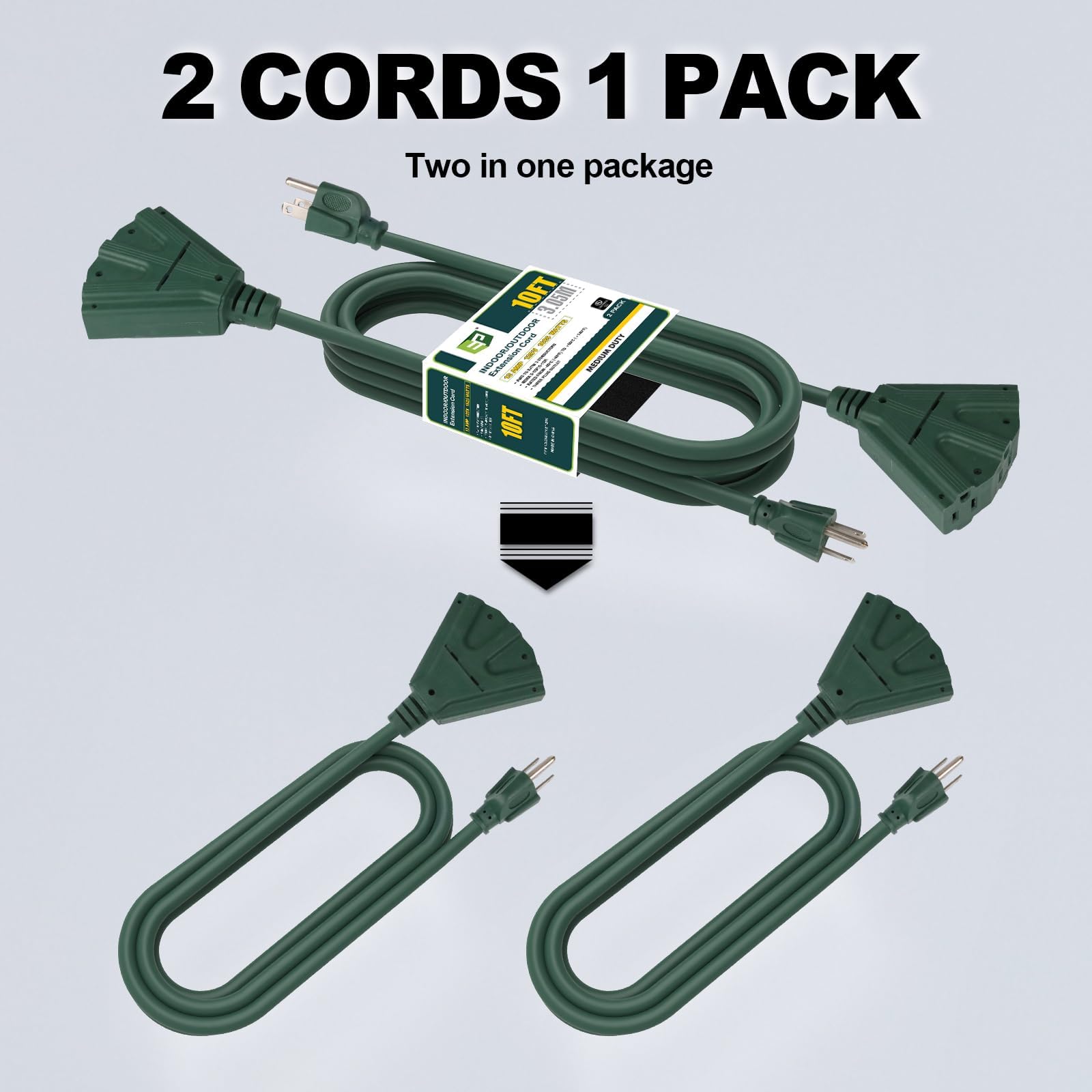 Ep 2 Pack 10 Ft Outdoor Extension Cord With 3 Electrical Power Outlets   16/3 Sjtw Green Cable With 3 Prong Grounded Plug For Sa