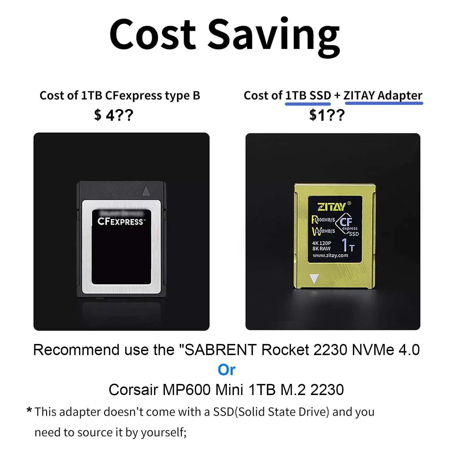 Zitay Cfexpress Type B Card To Nvme M.2 2230 Ssd Adapter Compatible With Nikon Z6 Z7 Z9 Canon Rc R5 R5C Panasonic Gh6 S1H(Ssd Is Not Included