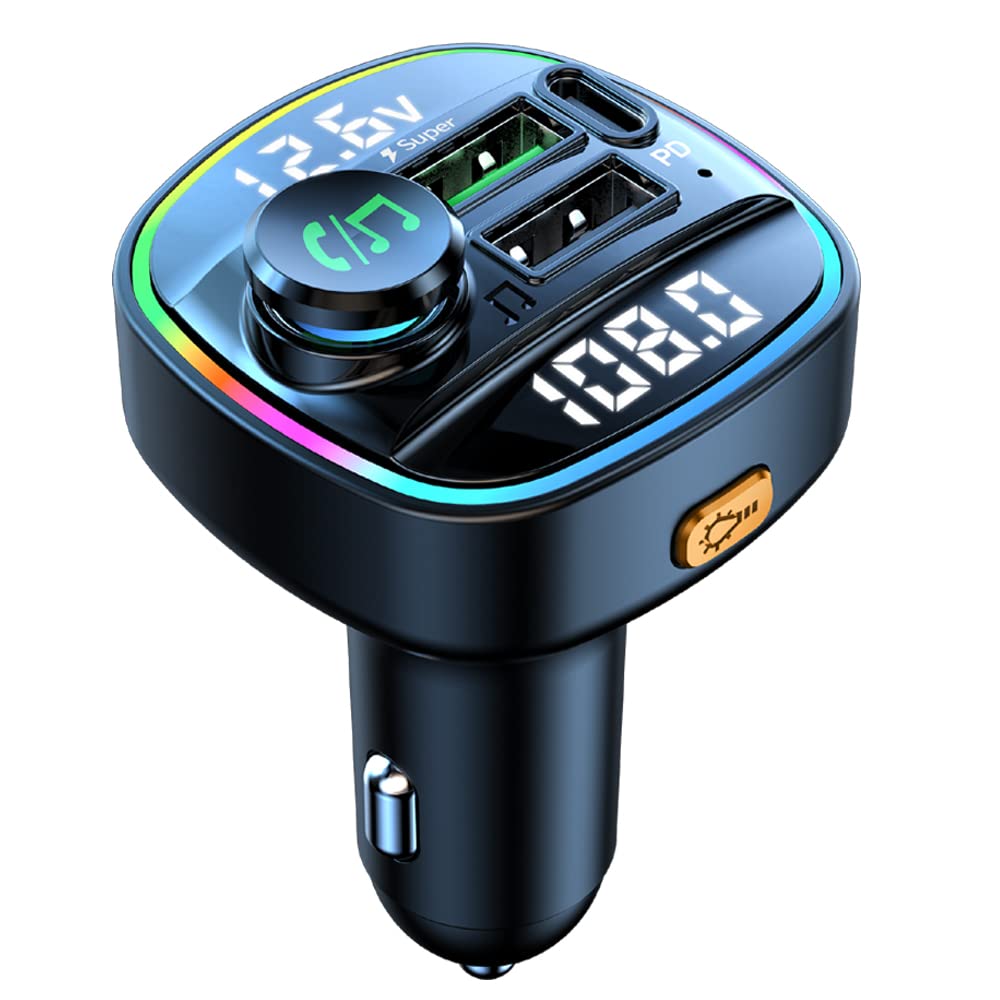 Ohitec Bluetooth Fm Transmitter For Car, Hands Free Calling, Dual Screens Display, Qc3.0 & Usb C Pd 20W Quick Charger & 7 Colors