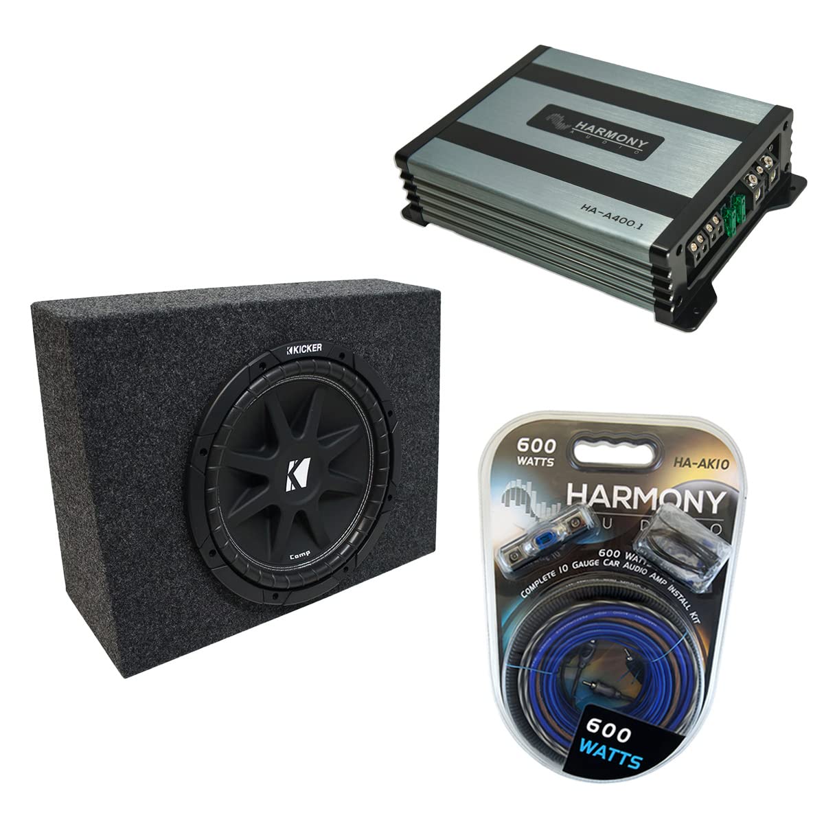 American Sound Connection (1 Kicker C12 Subwoofer Single 12'' Regular Cab Truck Sub Box Enclosure Bundle With Ha A400.1 Mono Amp