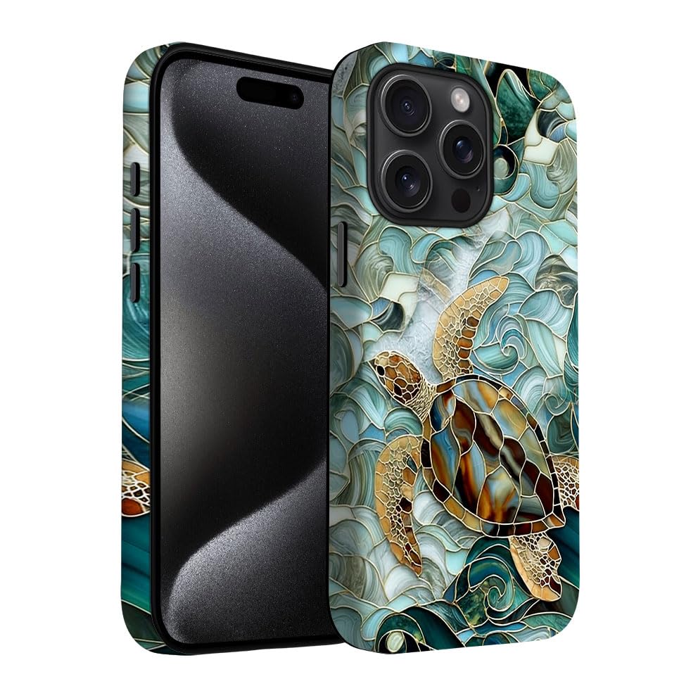 Yuzbira for iPhone 15 Pro Case | Stained Glass Ocean Sea Turtles | Slim Drop Protection Design