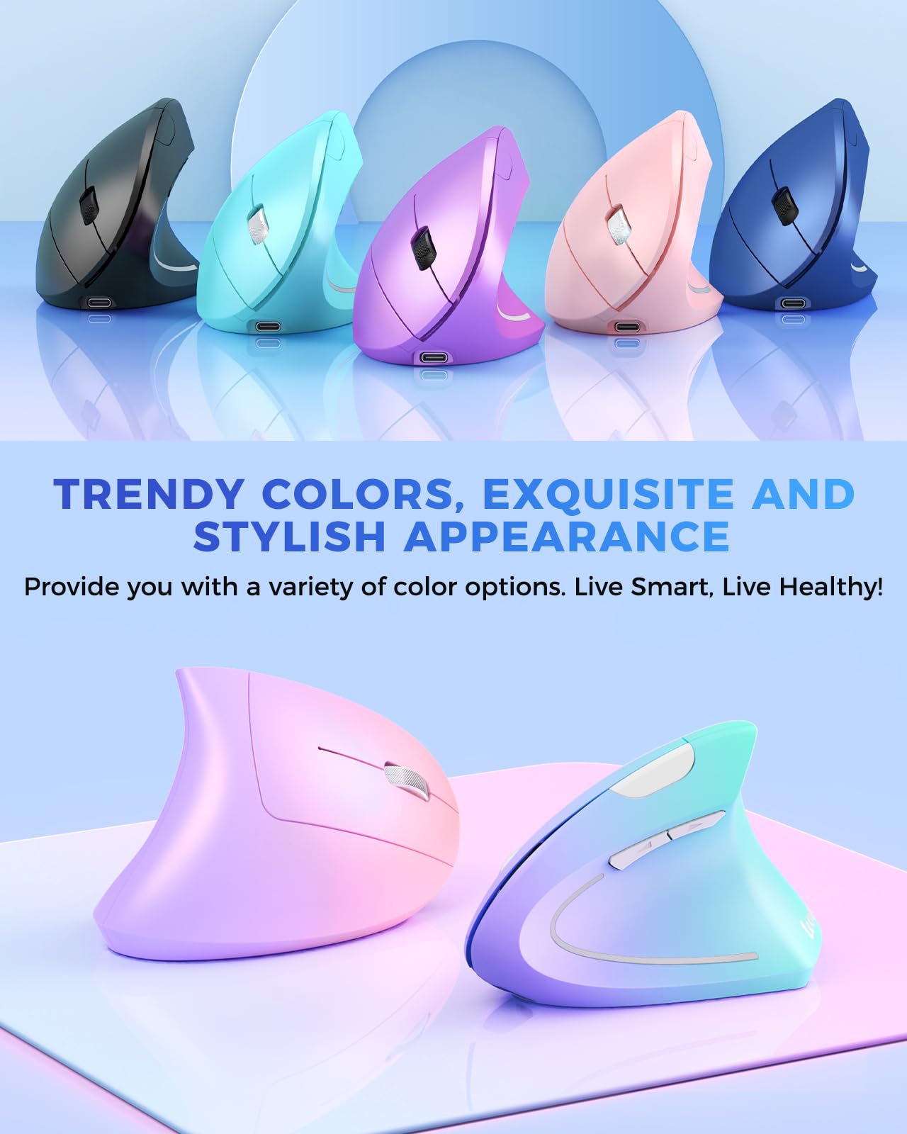 Lekvey Ergonomic Mouse, Vertical Wireless Mouse Rechargeable 2.4G Usb Optical Carpal Tunnel Mice : 3 Dpi 800/1200/1600 Levels 6 Buttons, For Laptop, Pc, Computer, Desktop, Notebook Etc, Blue