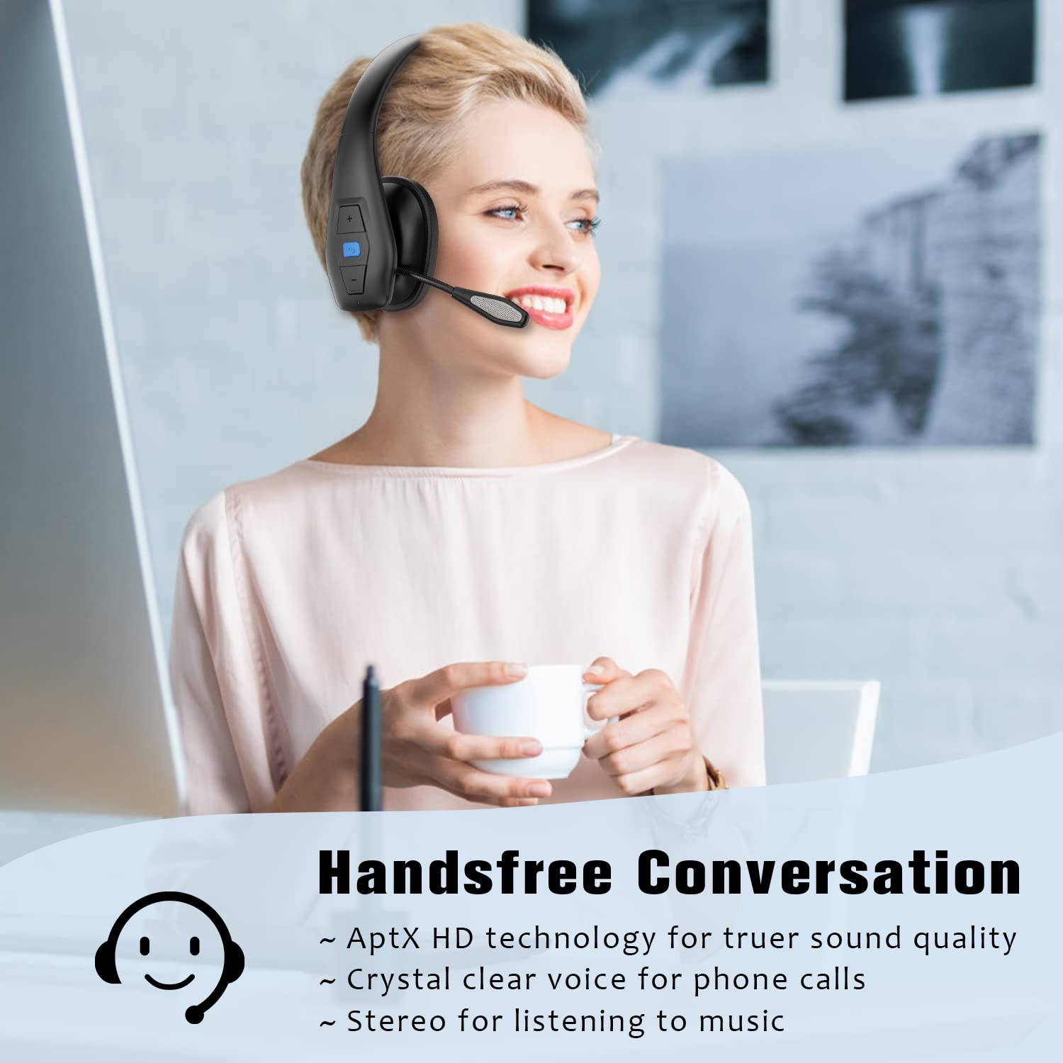 Conambo Noise Cancelling Bluetooth Headset V5.1, 35Hrs Hd Talktime Cvc8.0 Dual Mic Hands Free Wireless Headset, Bluetooth Headphones With Mute Button For Cell Phones Business Home Office Trucker