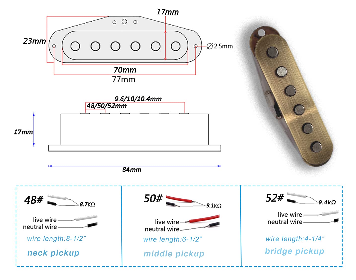 Lamsam Electric Guitar Pickup Set, High Output Single Coil Pick Up Loaded Alnico 5 Magnets Clear Bobbins Removable Cover, Bridge