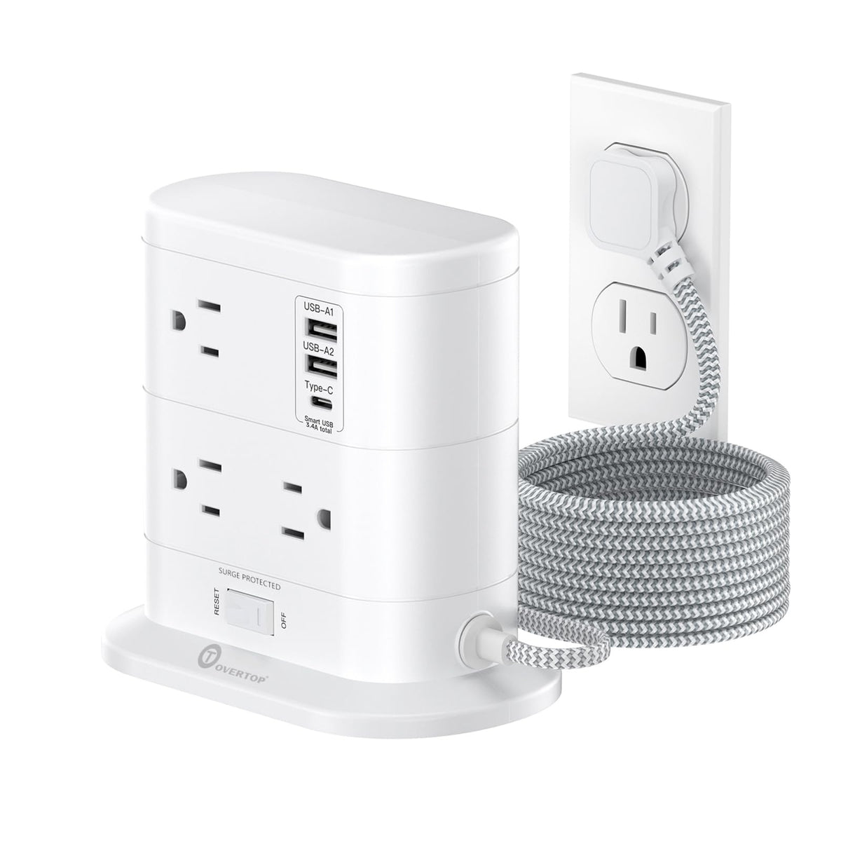 Overtop Tower Power Strip With Surge Protection, Flat Plug Power Strip With 7 Ac Outlets 3 Usb Ports, Tower 1625W/13A 1600J, 6.5