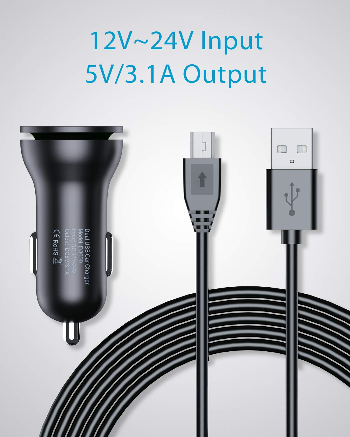 Viofo Car Charger For A129 Pro Duo / A129 Plus Duo Dash Camera With 13.1Ft (4M) Usb Cable