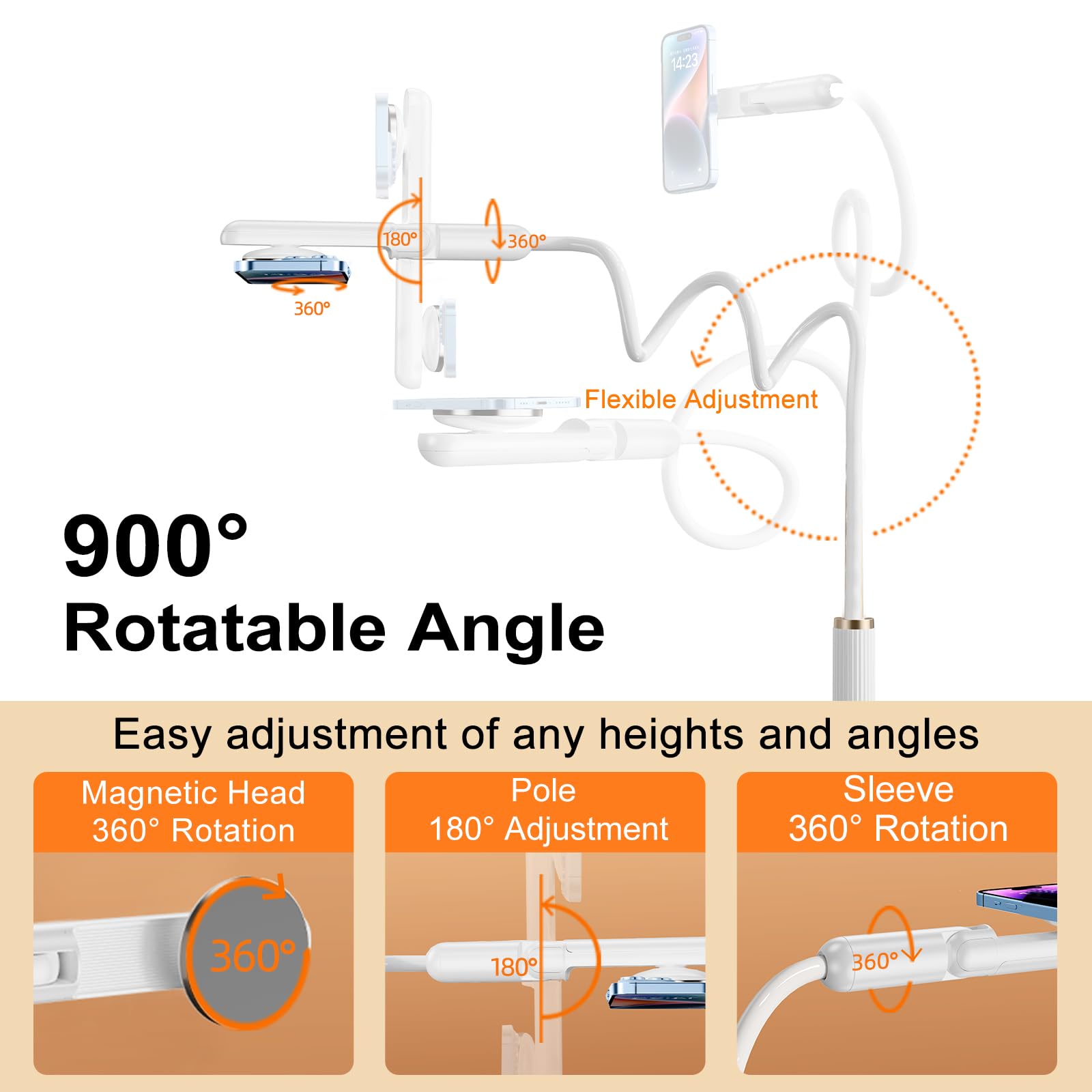 Nediea Magnetic Phone Holder For Bed, Gooseneck Cell Phone Stand With Clamp Mount, 900 Rotation Overhead Lazy Bracket With Flexi