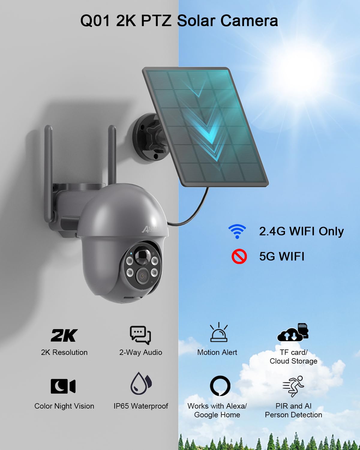 Anran Security Camera Wireless Outdoor With 360 View, 2K Solar Outdoor Camera With Smart Siren, Spotlights, Color Night Vision,