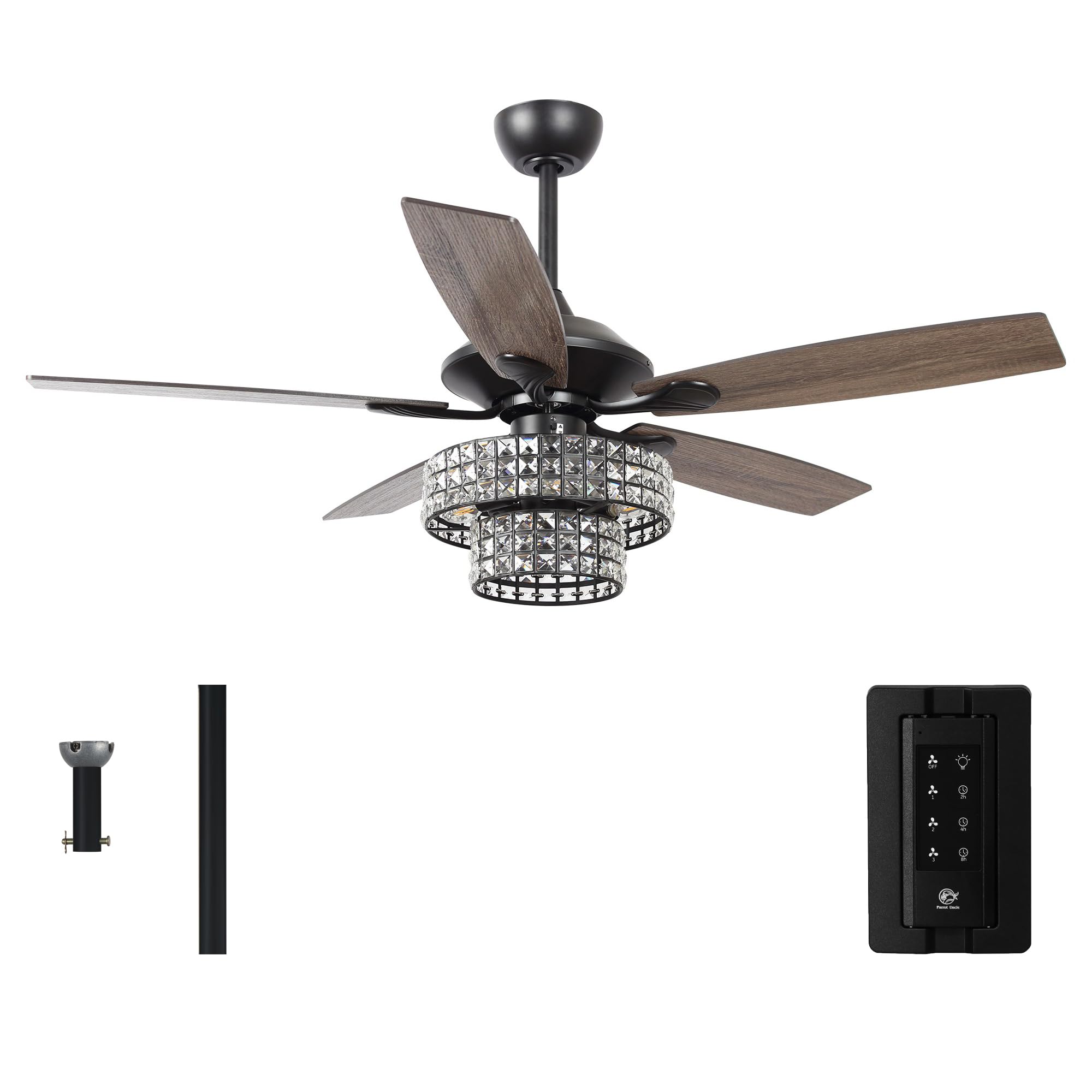 Parrot Uncle Ceiling Fans with Lights and Remote 52 Inch Black Ceiling Fan with Light for Bedroom Chandelier Outdoor Ceiling Fan