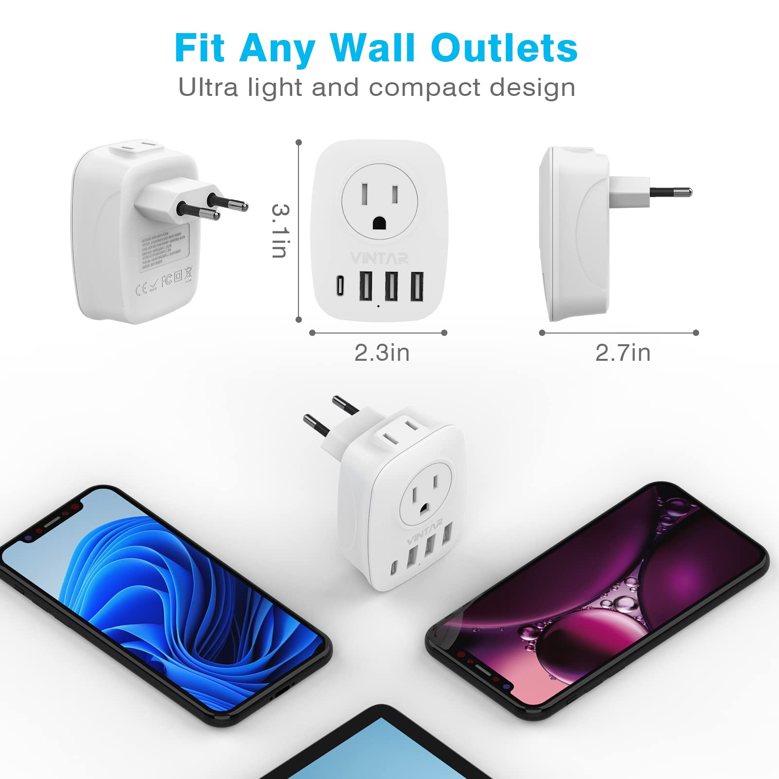 1 Pack European Travel Plug Adapter, Vintar International Power Plug Adapter With 2 Outlets, 3 Usb And 1 Usb C, 6 In 1 Travel Es