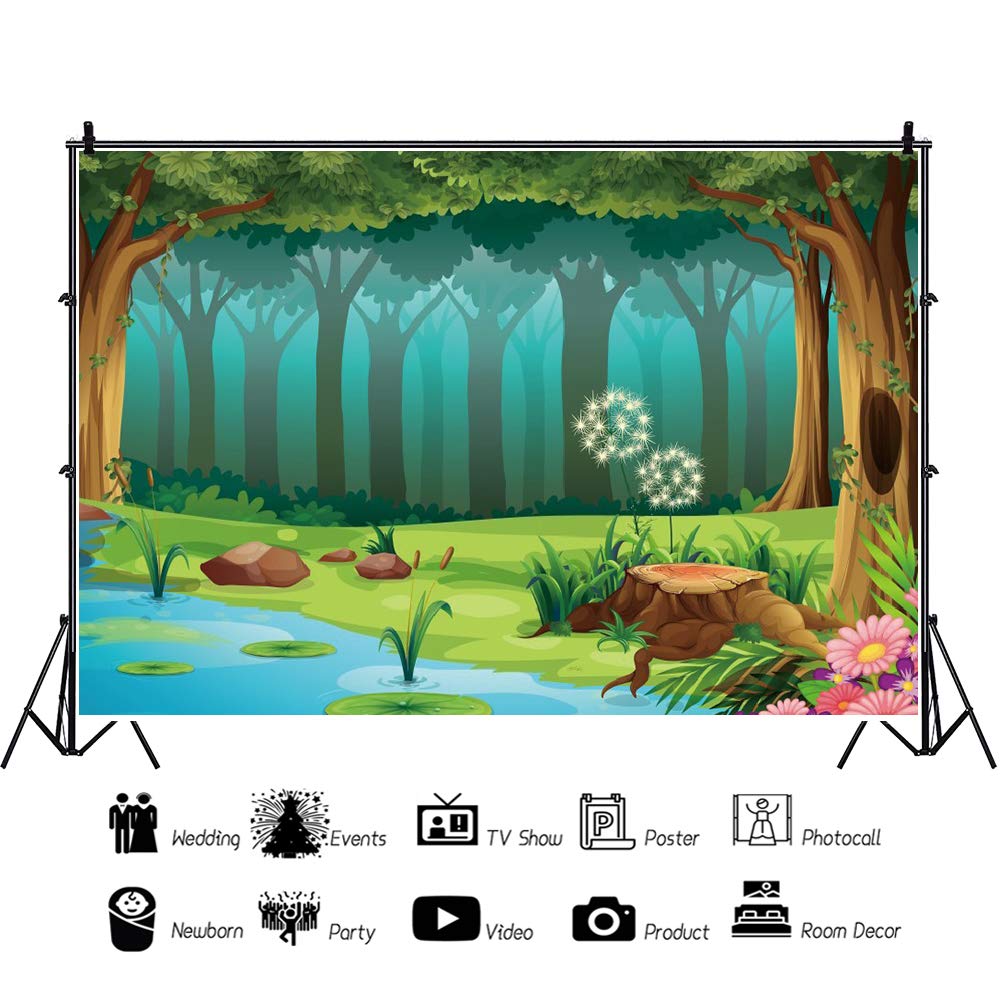 Leyiyi 5X3Ft Enchanted Forest Photography Background Fairy Tale World Woodland Spring Floal Flowers River Cartoon Banner Backdro