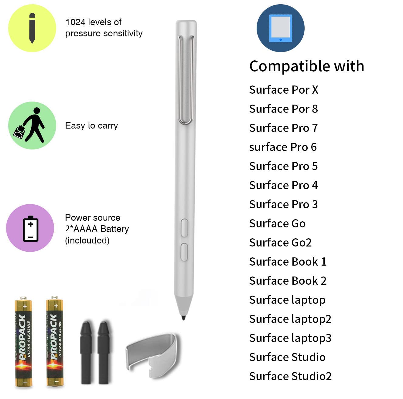 Stylus Pen For Microsoft Surface,With1024 Levels High Pressure Sensitivi Compatible With Surface Pro X/8/7/6/5/4/3, Surface Book