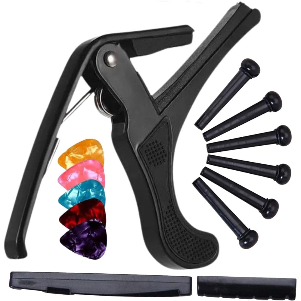 Flare Capo For Acoustic Guitar With Bridge Pin Combo And Accessories Kit With 5 Colorful Picks And Nut, Saddle, Bridge Pins (Bla