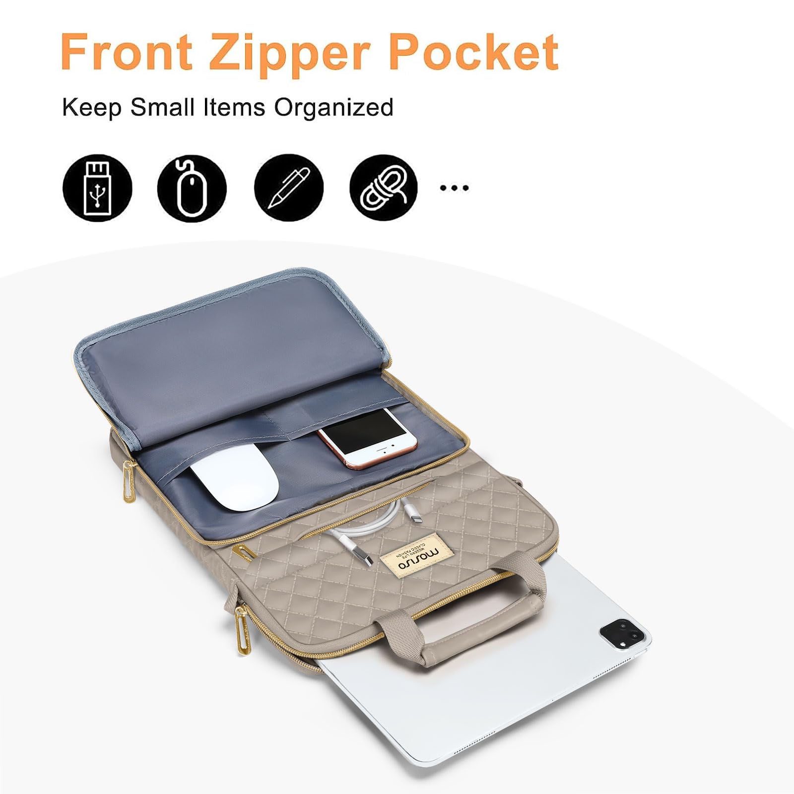 Mosiso 12.9 Inch Tablet Sleeve For 13 Inch Ipad Pro M4 & Ipad Air M2 2024, Ipad Pro 12.9 M2 & M1 2022 2018, Galaxy Tab S8+/S9+ 12.4,Square Quilted Carrying Case With Front 2 Pockets, Taupe Brown
