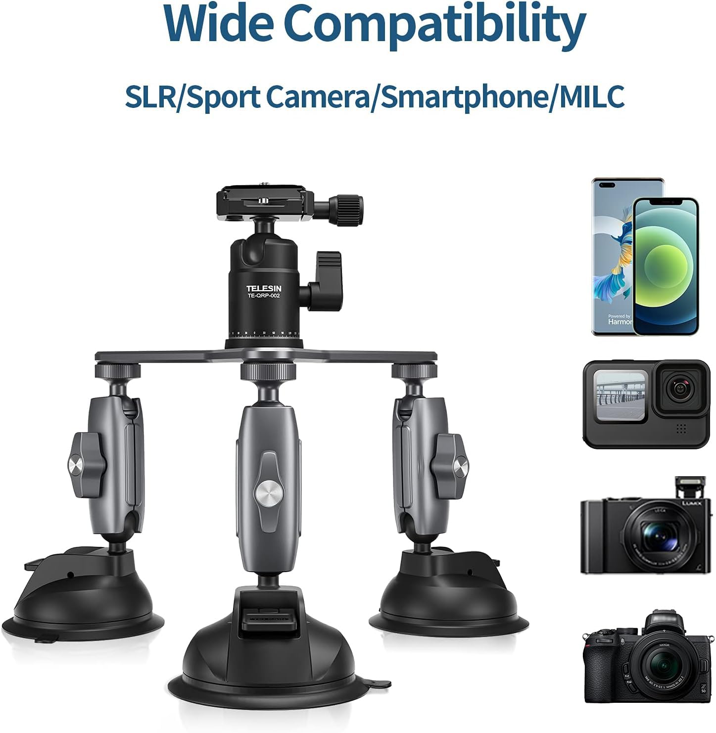 Triple Suction Cup Car Mount Heavy Duty Tripod With 360 Ball Head For Gopro 13 Insta360 Dji Action 5 Pro 4/3 Dslr Mirrorless Camera, Dashboard Windshield Window Hi Speed Motion Vehicle Holder Attach