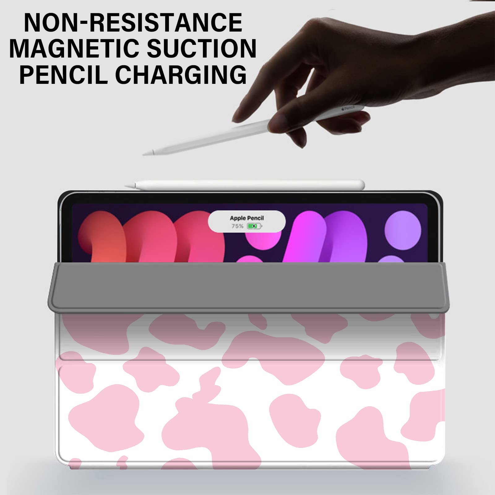 Deokke Ipad Mini 7/6 Case   8.3 Inch, Auto Sleep/Wake, Pencil Holder, Soft Back, Cute Pink Cow