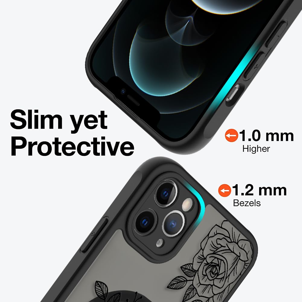 Ook Magnetic For Iphone 12 Pro Case Black Flower Floral Pattern [Compatible With Magsafe] Slim Translucent Matte Camera Lens Pro